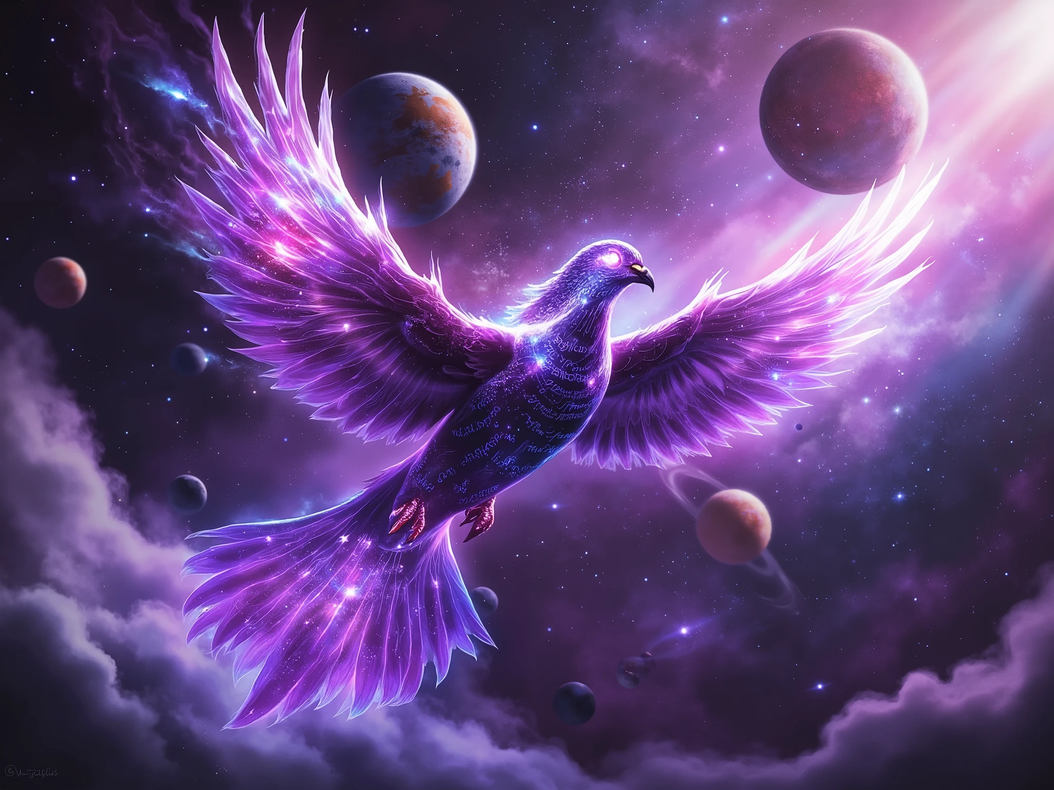 Colossal cosmic pigeon as a primordial divine being, soaring through the cinematic vastness of space. Its ethereal feathers shimmer with swirling cosmic energy, blending the colors of deep-space nebulae and stardust. A radiant purple aura flows around it, pulsating with celestial power, while its eyes glow with infinite wisdom, resembling twin celestial bodies. Mystical glowing scriptures are inscribed across its form, symbolizing an ancient cosmic language. The pigeon glides effortlessly through the void, leaving behind a luminous trail of cosmic dust. The majestic planets and nebulae in the background are arranged with dramatic lighting and depth, evoking the scale and beauty of an epic space odyssey