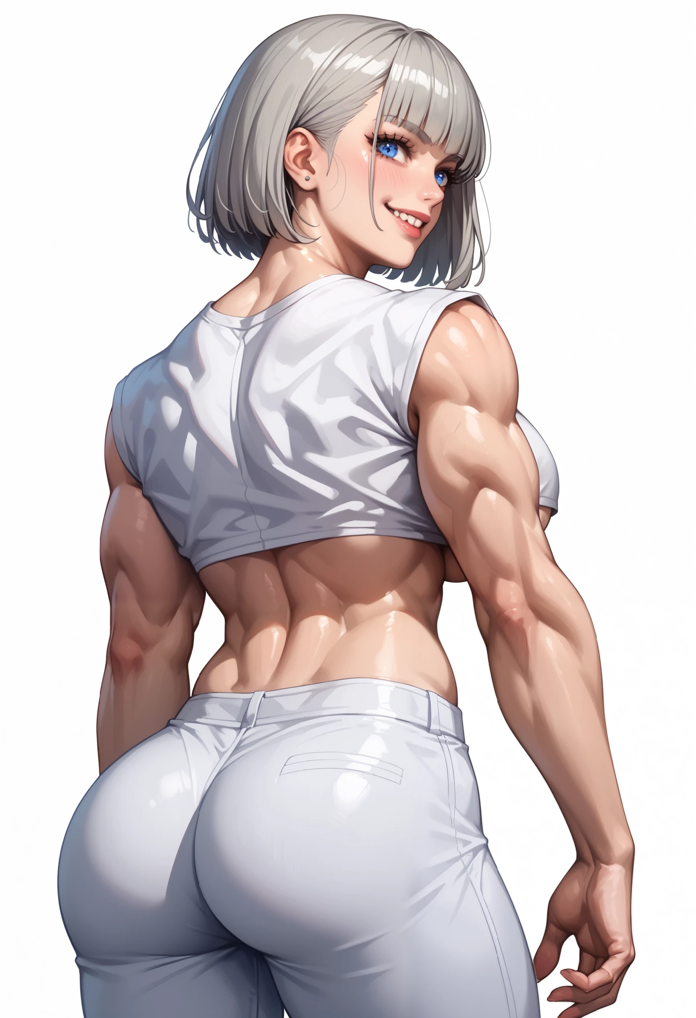 ((White background)) (Curve:1.1) rathing_questionable ,((1girl)) , (solo girl) ,(Silver Hair)、Bob Hair ((bob cut:1.2)) 32 years old, Fierce face, sharp face, A formidable face ,Calm appearance, Ultra Detail Hair, ultra detail face, (blue eyes:1.2), (blush:0.8)((Low-waisted white pants:1.2)) ((White sleeveless crop top t-shirt:1.3)) (under boob:1.2), long sexy legs, (( hyper muscular:0.5)) ((big breasts:0.6)) ,sexy, strong , (muscle) , smile ,(((back-facing figure:1.4)))