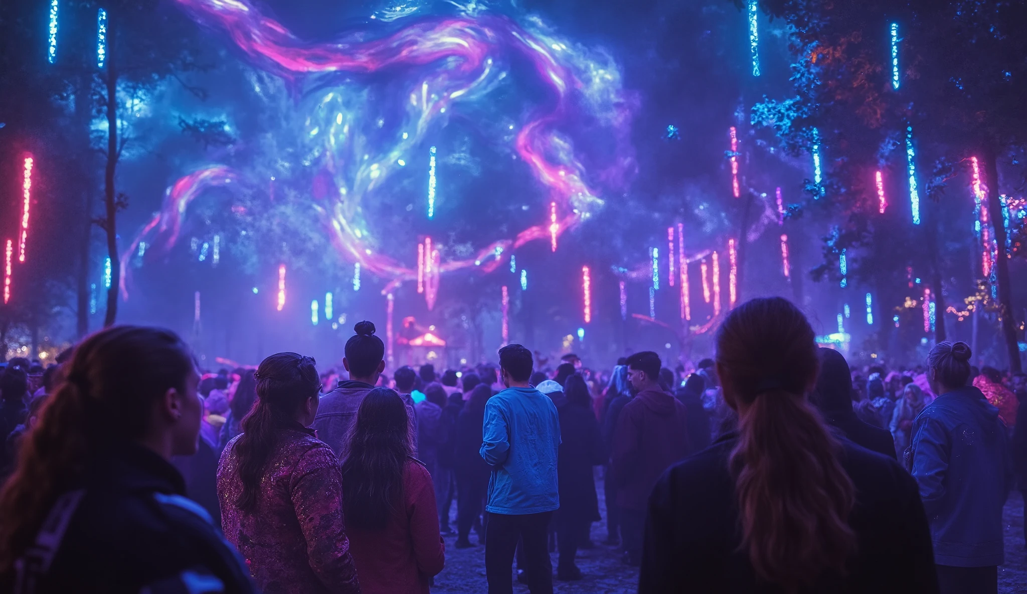 A hyperrealistic rave deep in the Norwegian forest at night, illuminated by neon lights that swirl through the air, casting colorful shadows on the dancers. In the foreground, a close-up shot of a beautiful Nordic woman’s face, her eyes closed in pure trance, glowing under the psychedelic lighting. Her expression is blissful, as the music fills her soul. The background is alive with the energy of the rave, with vibrant, pulsing lights illuminating the towering pine trees and the fog-filled air. The DJ’s stage, built from natural materials, shines brightly in the distance. 8K resolution, cinematic lighting, photorealistic.
