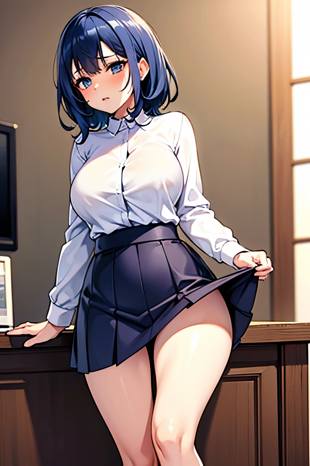 panties、A woman wearing navy blue office lady clothes&#39;s outfit with a red ribbon is standing on a train as a young man in a suit fondles her breasts over her good., (Capturing the subjective mind,POV hands,Grab your chest:1.3)、Dorsal position, Exact number of hands, with the good on, show off good, skirt,Sit with your legs apart、 good, panties, underwear, (shiny white satin レースpanties with black embroidery:1.3), (shiny white satin lacy good with black embroidery :1.3), panties that cover the butt、garter belt, Knee socks, Embarrassed look, Feels good, skirt lift, Remember, Realistic