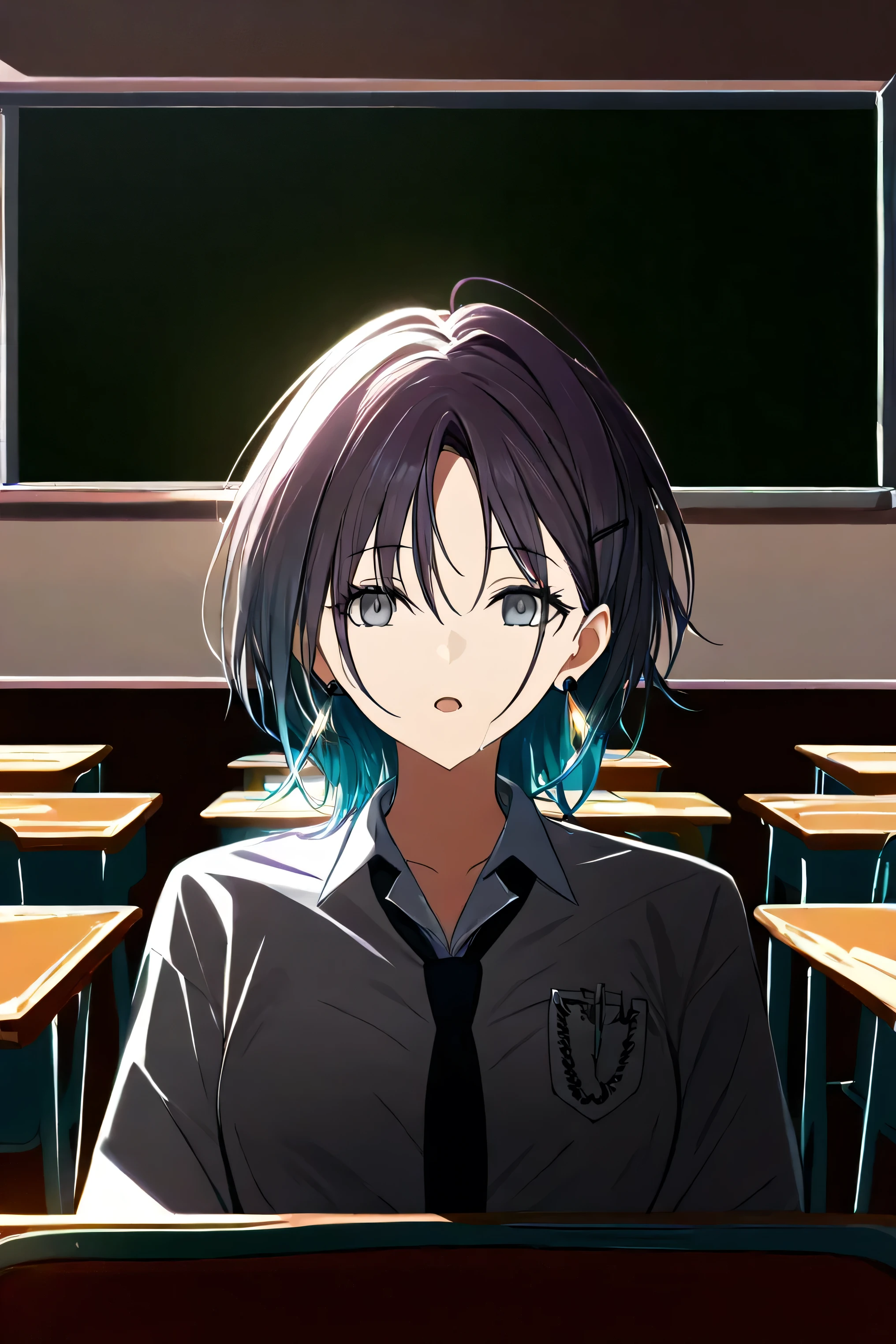 asakura_toru, blue hair, earrings, gradient hair, multicolored hair, parted bangs, purple hair, medium breasts,A person with a vacant expression, sitting in a high school classroom. The individual gazes off into the distance, eyes unfocused, and mouth slightly open, conveying a sense of daydreaming or distraction. The classroom setting includes typical elements such as desks, chairs, a blackboard, and windows with daylight streaming in. The lighting is natural, highlighting the serene and contemplative atmosphere.,empty eyes, saliva, open mouth,face on focus,from front