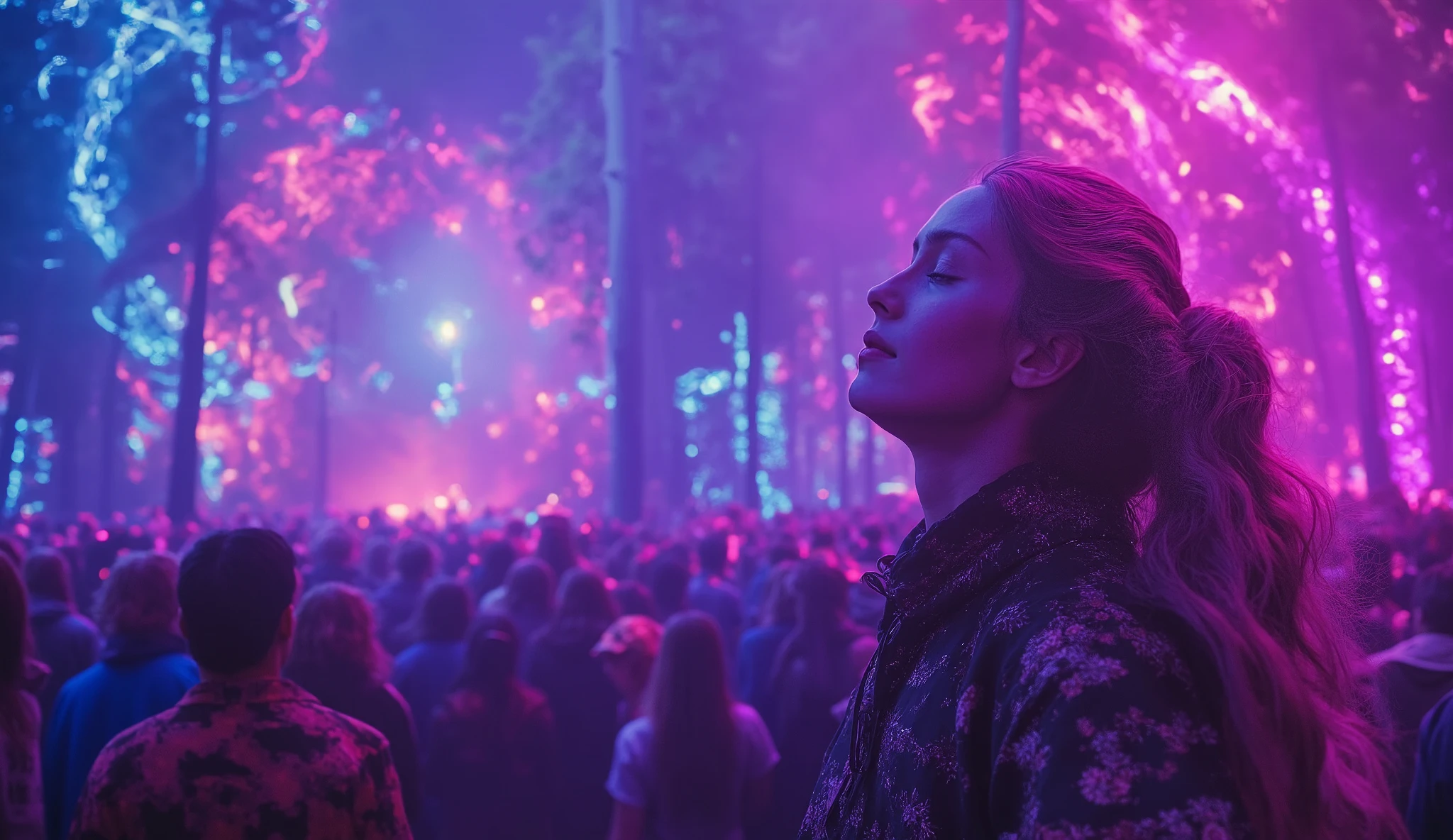 A hyperrealistic rave deep in the Norwegian forest at night, illuminated by neon lights that swirl through the air, casting colorful shadows on the dancers. In the foreground, a close-up shot of a beautiful Nordic woman’s face, her eyes closed in pure trance, glowing under the psychedelic lighting. Her expression is blissful, as the music fills her soul. The background is alive with the energy of the rave, with vibrant, pulsing lights illuminating the towering pine trees and the fog-filled air. The DJ’s stage, built from natural materials, shines brightly in the distance. 8K resolution, cinematic lighting, photorealistic.