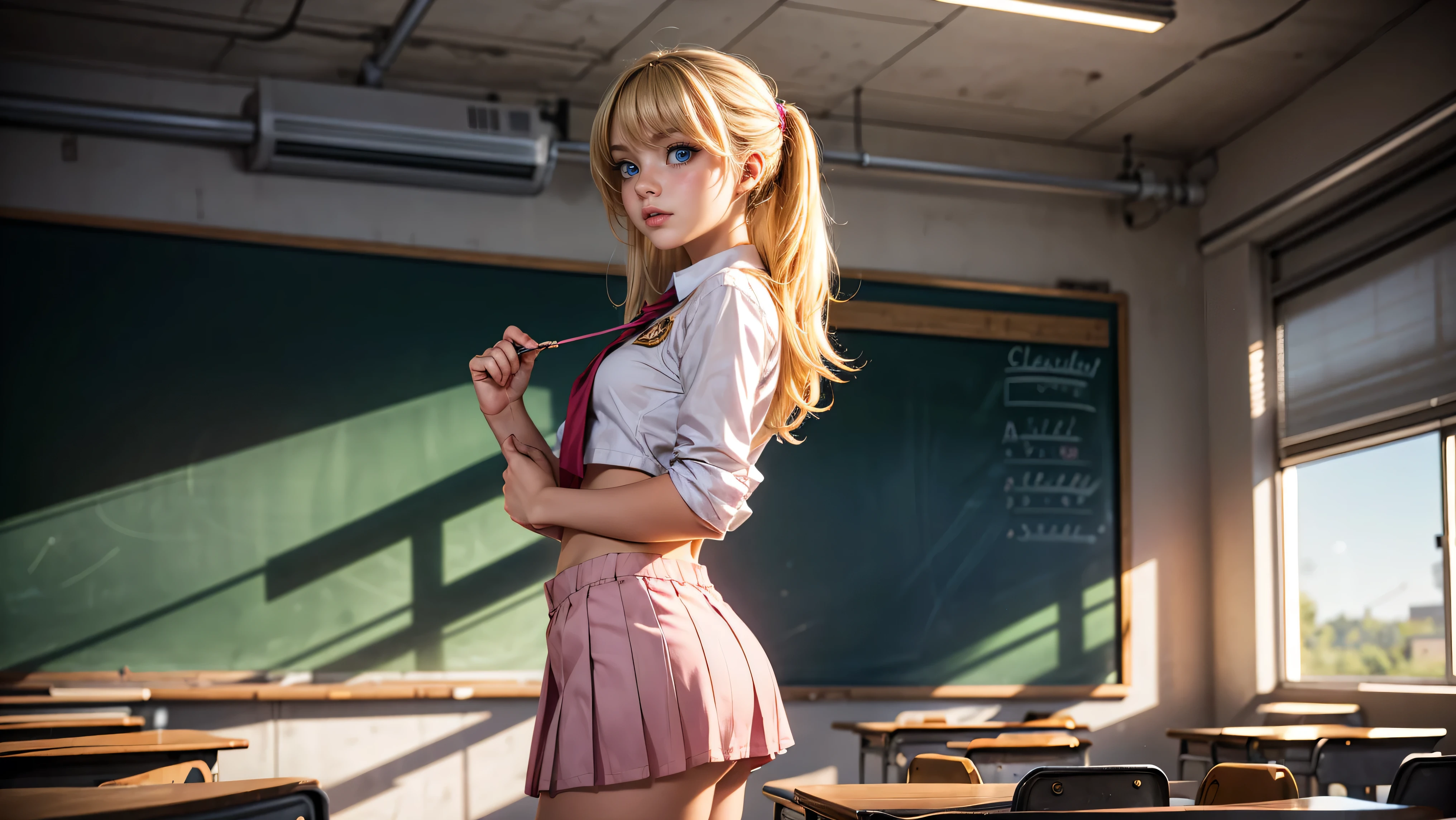 1girl, solo, single girl, young girl, Standing in a classroom, Cute blonde girl wearing revealing pink high-school uniform in classroom, sexy, petite, blue eyes, popular girl, standing in front of the chalkboard, 
