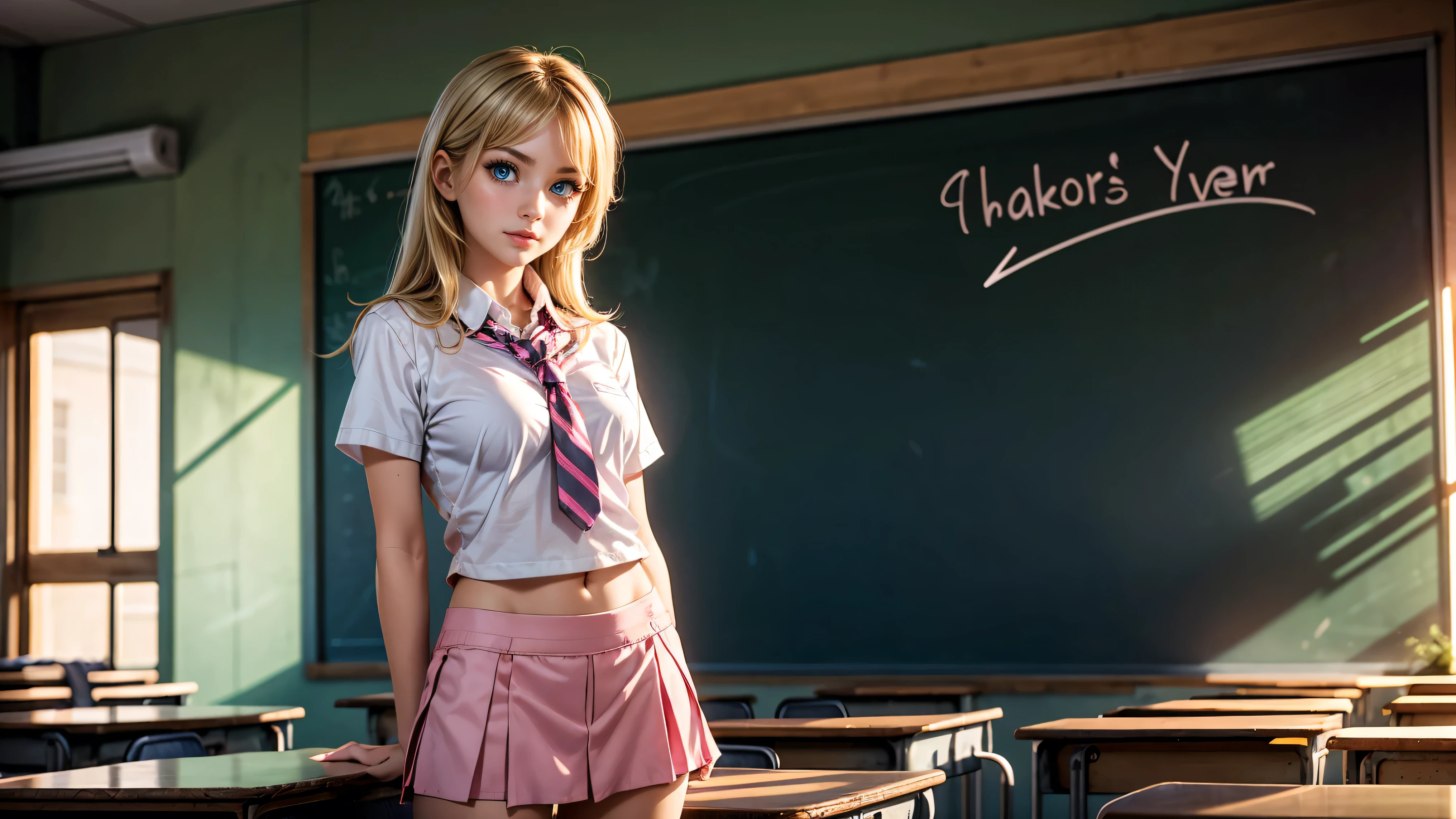 1girl, solo, single girl, young girl, Standing in a classroom, Cute blonde girl wearing revealing pink high-school uniform in classroom, sexy, petite, blue eyes, popular girl, standing in front of the chalkboard, 