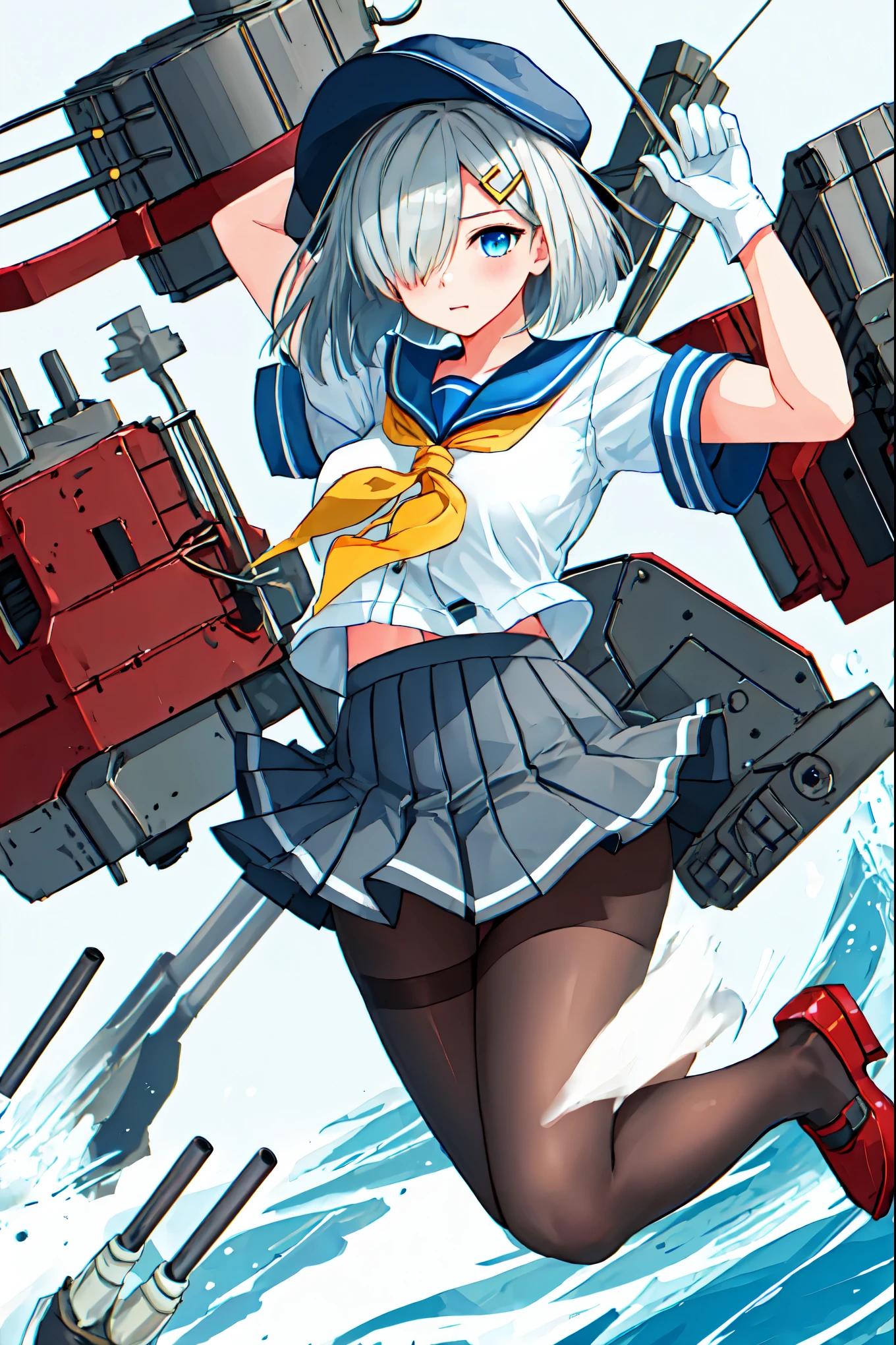 best quality, masterpiece, highres, solo, {hamakaze_kantaicollection:0.90}, 1girl, black_pantyhose, pleated_skirt, serafuku, short_sleeves, simple_background, white_background, yellow_neckerchief, white_gloves, looking_at_viewer, grey_skirt, blush, eyes_visible_through_hair, blue_sailor_collar, dynamic_posing,long_bangs,hair_over_one_eye,harbor_school_background,outdoor,