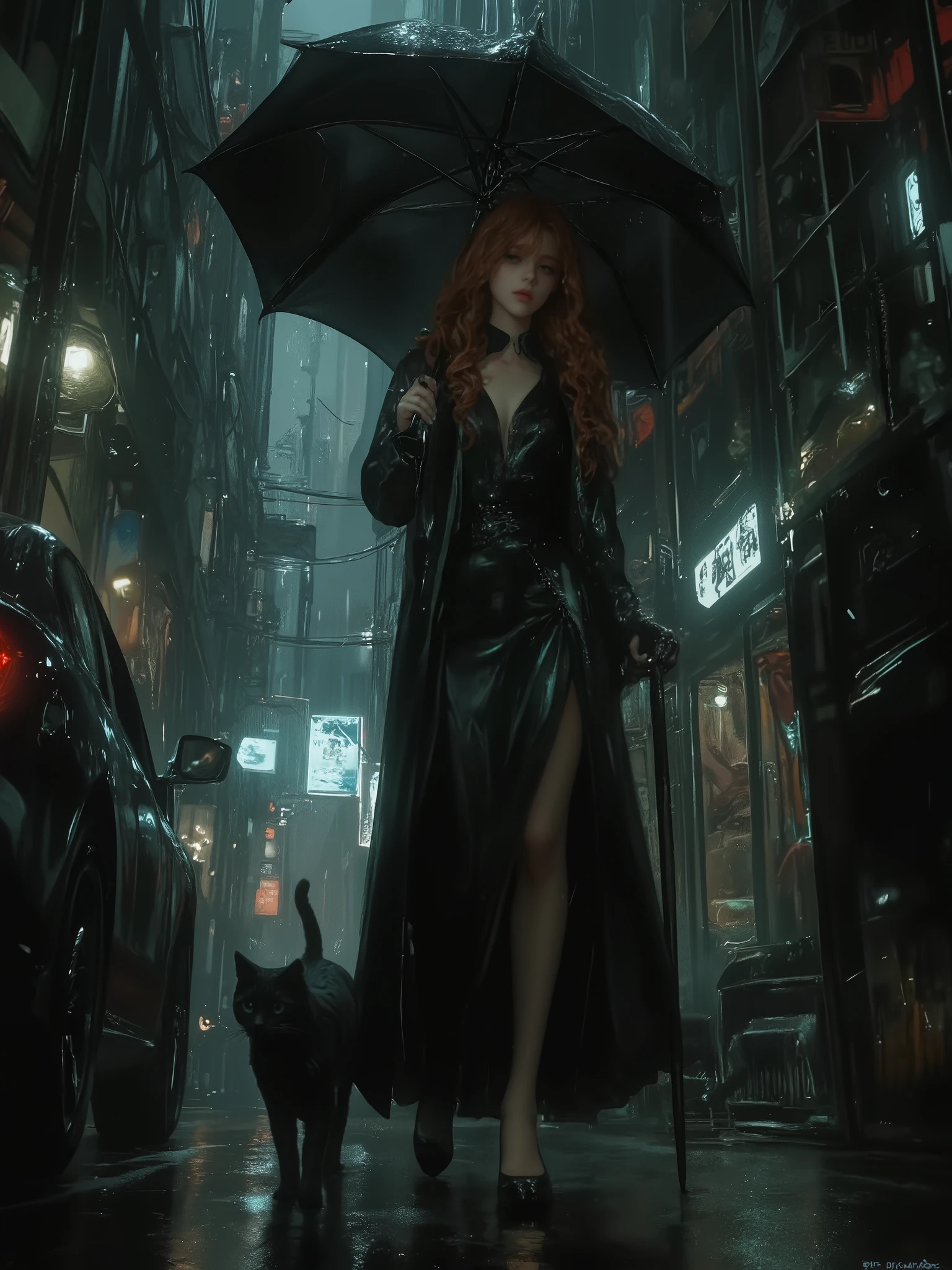 1girl,solo, Close up On a rainy night, a beautiful detective girl walking through the dreary, gray dimly lit streets with a black cat by her side. The woman holds a black umbrella. The girl wears a black collared dress shirt, a long black suit that goes to the floor, a black skirt, and black high heels. The girl has an ethereal beauty, with long, flowing reddish wavy hair, emerald green eyes, and full dark lips, mistery theme, detective theme
(artist:quasarcake:0.8),extreme aesthetic, old aesthetic, (wlop:0.6),honjou honjou raita,lack,rella,wanke,raita,masterpiece,best quality,good quality, very aesthetic,absurdres,Visual impact,A shot with tension,(wide shot, wide-angle lens,Panoramic:1.2),super vista,super wide Angle,Low Angle,ultra-high resolution,32K UHD,sharp focus,best-quality,masterpiece,Emotionalization,unconventional supreme masterpiece,masterful details,temperate atmosphere,with a high-end texture,in the style of fashion photography, old money style (Visual impact:1.2),giving the poster a dynamic and visually striking appearance,impactful picture,
offcial art,colorful,movie perspective,masterpiece,best quality,amazing quality,very aesthetic,absurdres,best quality,newest,dynamic_angle,cinematic_angle,dutch angle,foreshortening