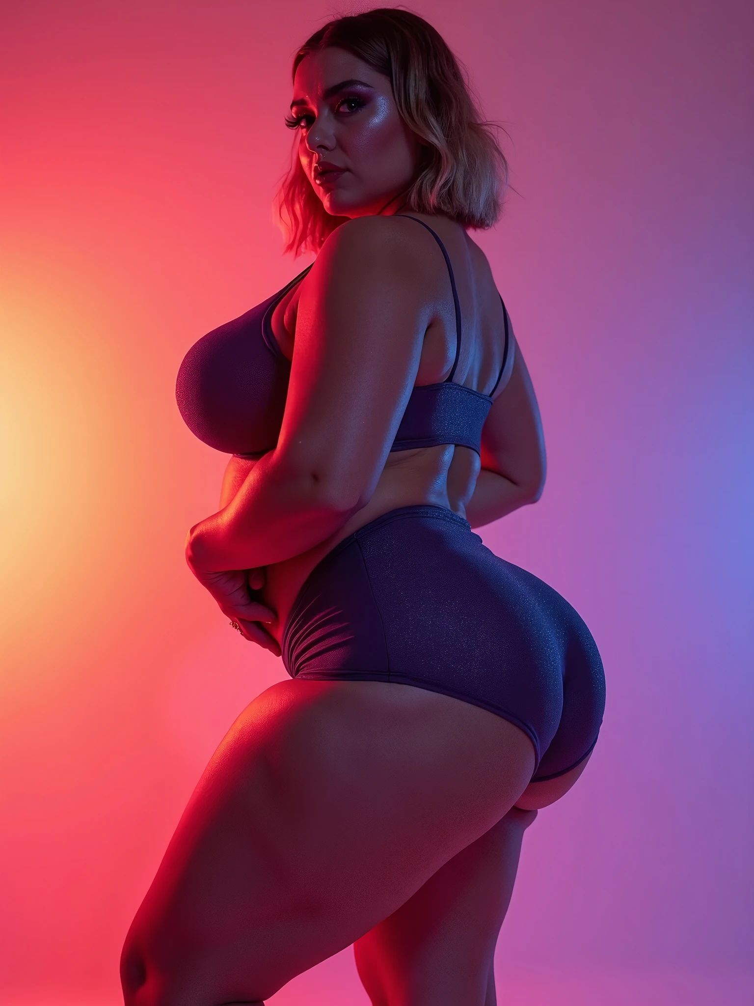 In a Conceptual art image, A shroud of MIST SURROUNDS THE SCENE with a blonde curvy GIRL, a melancholic beauty stands(amidst a dimly lit, horror inspired setting, at night). (with a large breast, gold-blonde-hair(combed back, with a large headphones on her head), hourglass figure(large breasts). She is wearing a low coverage bikini with a high leg cut. The bikini top: is a small triangle shape, that barely covers her large bursting breasts, with thin straps that tie around her neck and back. The bikini bottoms: are a matching high leg cut style, that sit high on her hips, elongating her legs. She poses seductively(arching her back slightly), She is standing, and holding a plastic bags with her hands. (look to camera),(background rich in details, volumetric glowing), (conceptual art-photography),(extremely fine and beautiful), (((The color scheme features(pastel blue, pastel orange, pastel pink hues, accents in black)-colors theme)))-Sad atmosphere, oppressive atmosphere, (backlighting), (depressive colors), ((FROM THE BELOW VIEW)), ((CLOSE UP SHOT))

