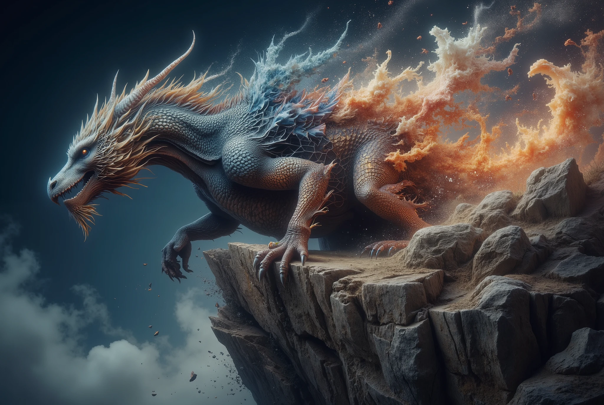 A front view of a dragon clinging to the top of a cliff. the dragon's body is fragmented. The left side of the beast dissolves in a ral-dissolve effect into geometric shards of flaming crystals and faint red-gold mist. High intricate details. Dark blue sky background.