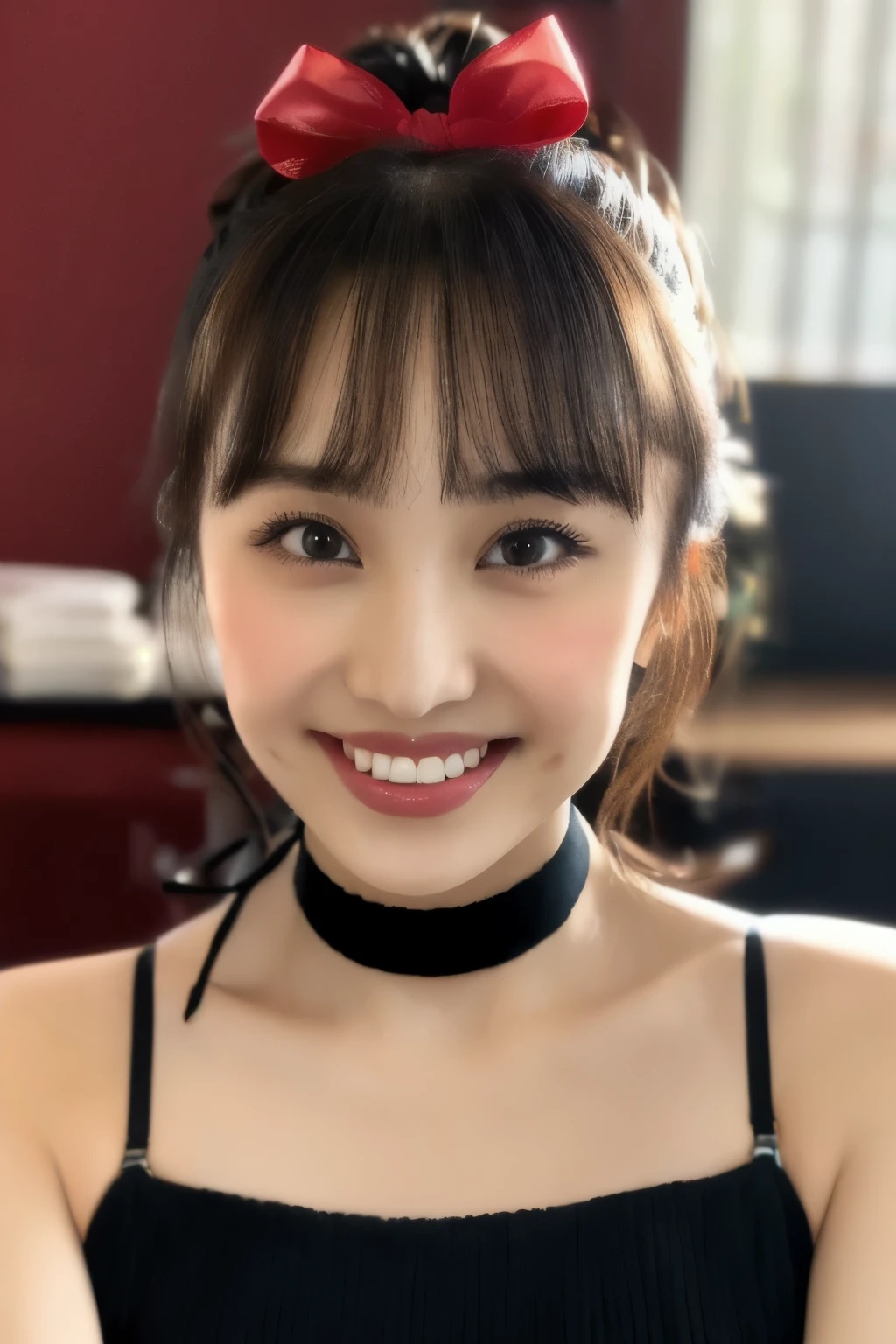 (( black bikini)), (( Japanese Girl))、、(Light up your face)、(masterpiece, top quality, The beautiful quality of ,  photorealistic , detailed lighting , Extremely detailed skin, Extremely Detailed Hair ,8k, black hair, upper body, One Girl , smile, Watch Viewers , Dimples, Dimpless on cheeks, fc portrait:1.2), bangs、 red choker 、 off the shoulder on the head、Accurate Eyes、 Super High Definition、 ponytail、 red ribbon、Thin face、 big eyes