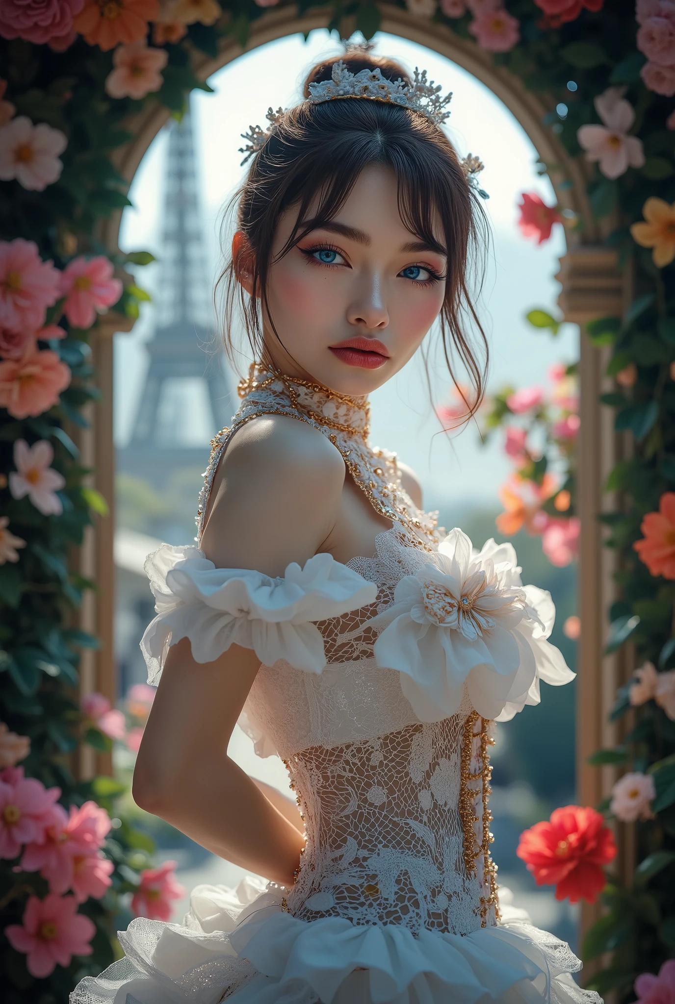 (masterpiece:1.2),best quality,high resolution,unity 8k wallpaper,(illustration:1),perfect lighting,photo_\(medium\),photorealistic,realistic,RAW, analog, Nikon Z 85mm, award winning glamour photograph,((best quality)), ((masterpiece)), ((realistic)), 18th century, vintage image, gorgeous French woman wearing, lace dress and corset, wearing a crown, 25 year old, (long brown hair), hazel eyes, small perky breasts, sitting outside at a Paris caf, eiffel tower in background, , ((small breasts)), innocent, flower pedals in the air, (freckles:0.6), intricate details, highly detailed, sharp focus, professional, 4k, spring flowers blooming, god rays, hand model, stunning blue eyes, , delicate, innocent,highres, detailed facial features, high detail, sharp focus, smooth, aesthetic, extremely detailed, photo_\(ultra\), photorealistic, realistic, post-processing, max detail, roughness, real life, ultra realistic, photorealism, photography, 8k uhd, photography, SEMI-SILHOUETTE light, russian face
