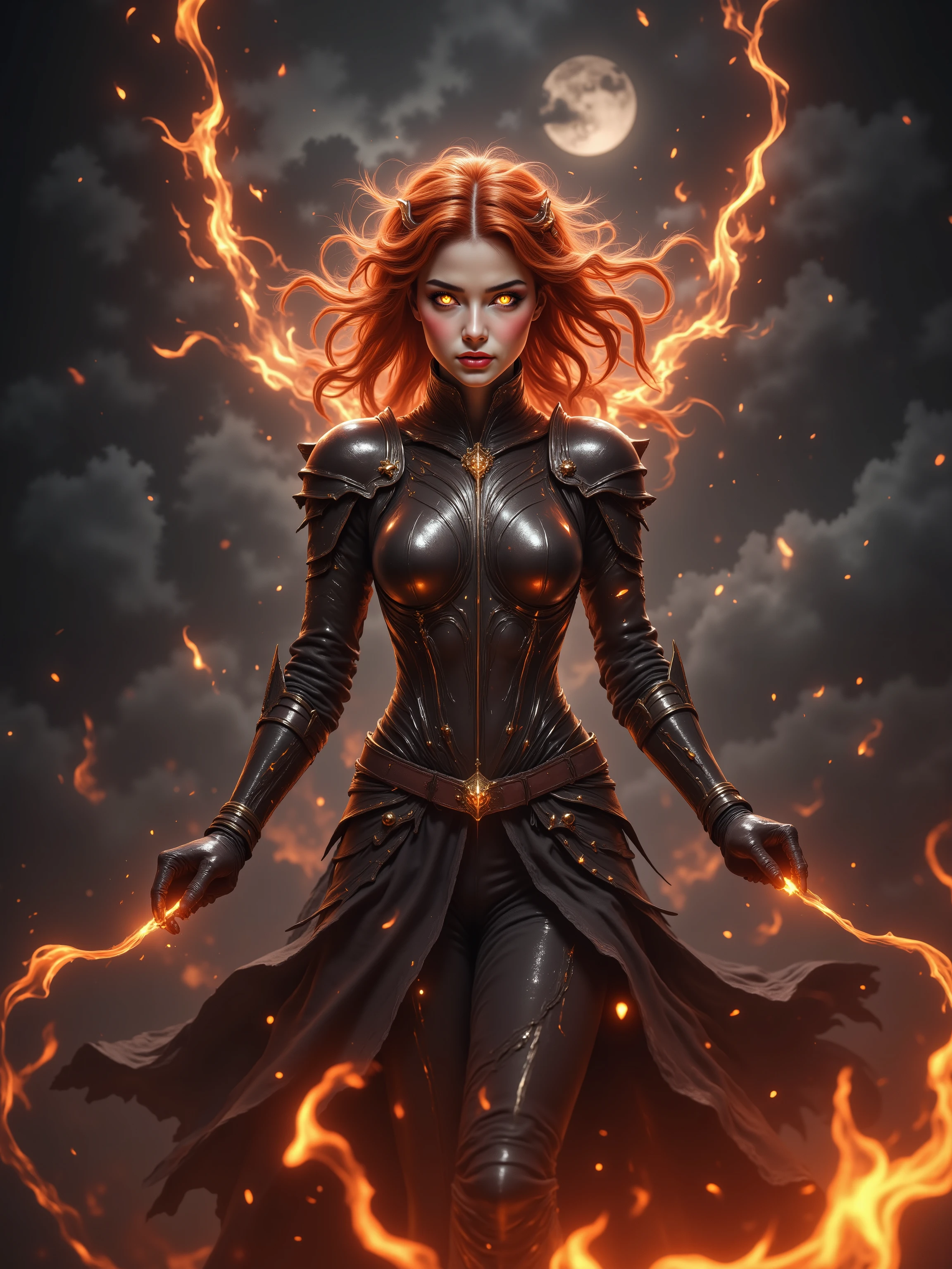 Woman (Helena), Long Flowing hair made of Fire, Eyes glowing Orange, Voluptuous Build, Large Breasts, Long Legs, Wide Hips, Wearing form fitting Blackened Armor, Flying through the night sky, Arms stretched behind her with a fire blast and trail shooting out from behind, Flames streaking in the night sky, moon glowing in the background