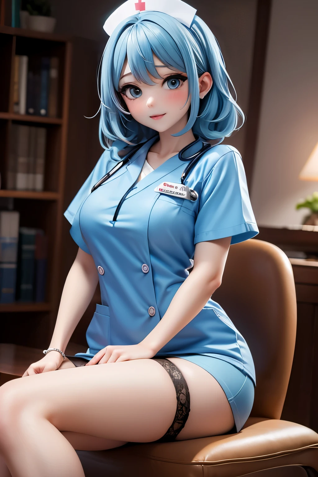 1woman, solo, nurse, nurse cap, white wear, ((white legwear, zettai ryouiki)), white gloves, glasses, blue hair, orange eyes, pink lips, standing, ((hospital room)), sharp outline, short sleeves, mature female, 32 years old, best quality, masterpiece