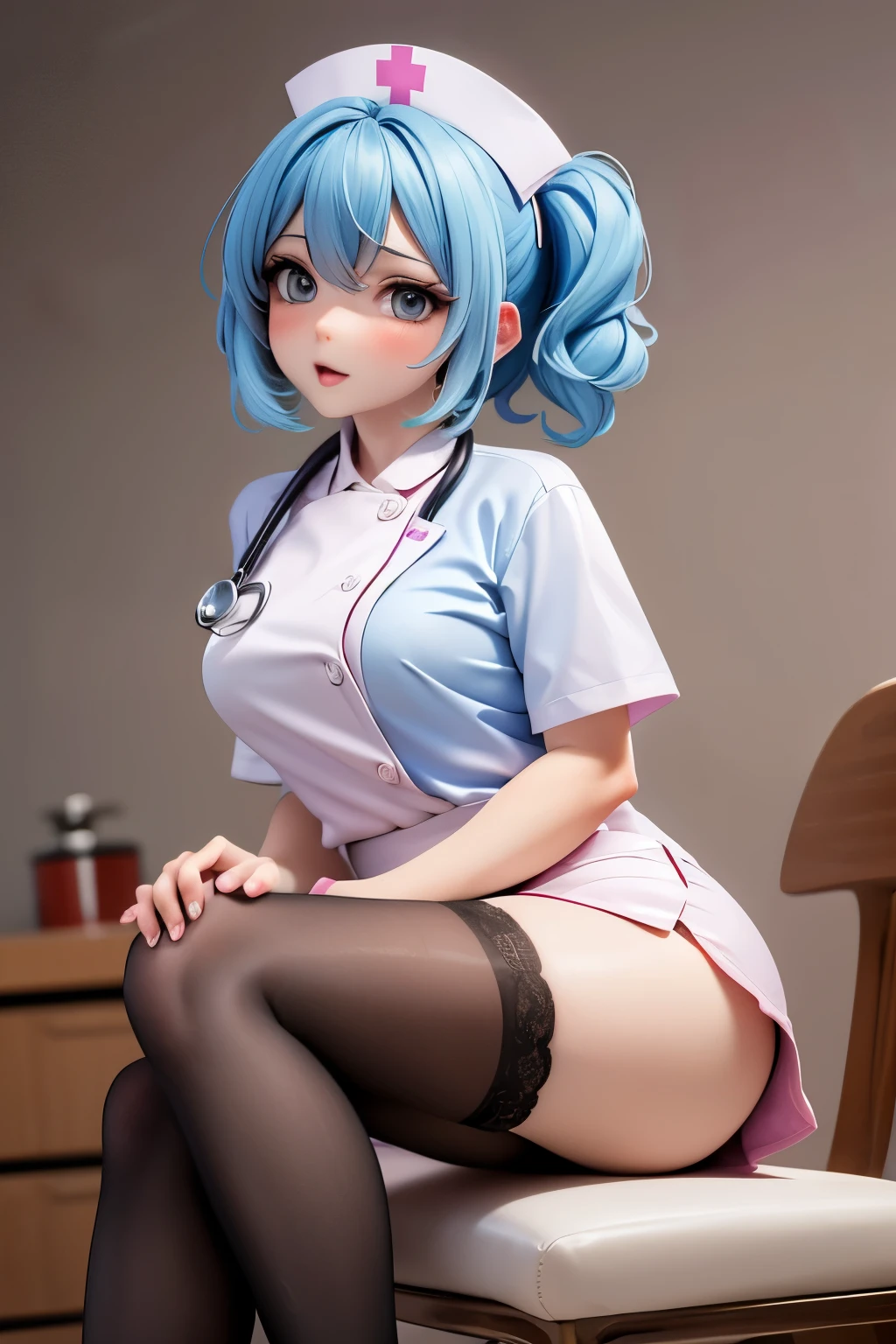 Married Woman woman 42 years old Beautiful breasts sexy adult nurse Short Tight Skirt sit widen legs on the vagina vulva disgusting expression medium hair wave hair Blue Hair stockings