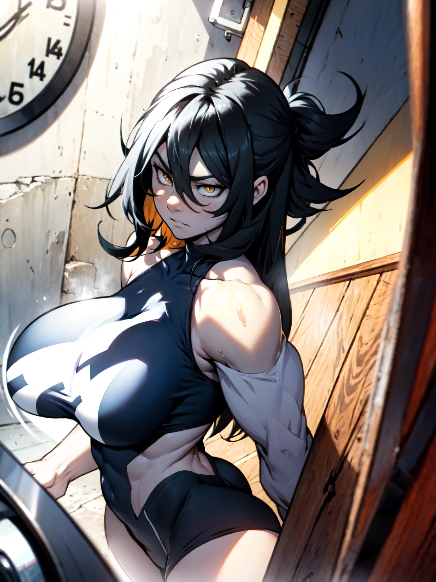 athletic build massive breasts pale skin black hair yellow eyes sad frown long hair