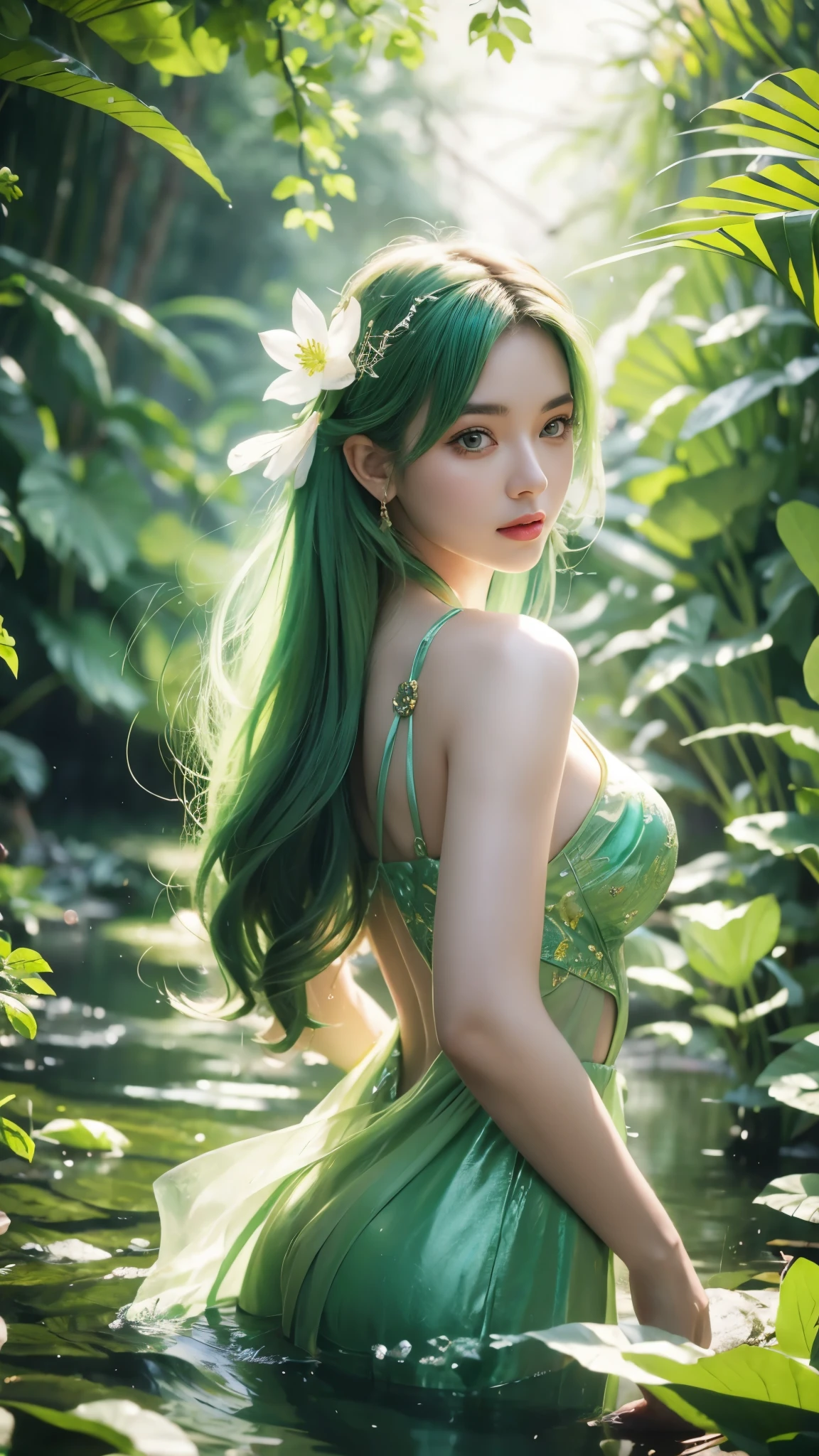masterpiece, extremely high detail, half body portrait illustration of alluring forest nymph, front view, magical, glowing green eyes, surreal, forest background, magical green fluorescent body, moss, green magical fairy wings, calming, ethereal, long hair made of moss, explosion of magical green light, magical green dust in the air, green light particles, god rays, realistic face