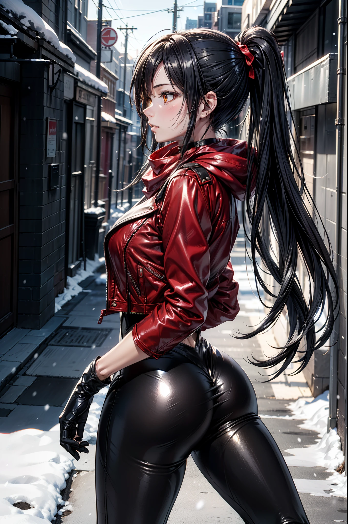 (Yaedef :1.4), 8K, highres, ultra detailed, ( masterpiece:1.4), (( perfect hands)), Better quality, Sakuya Shirase, symmetrical body, sensual lips, slender legs , badass anime girl , bright clothes, beautiful, Alone, of foot, Tender Pose, ((Seen from the side)), (( profile view )) tender look, long ponytail black hair, detailed face , detailed eyes , amber yellow eyes , choker :1.6, choker :1.6, ((red scarf)), ((tight shiny black bodysuit)), ((( red leather jacket))), ((( shiny black leggings))), ((shiny black gloves )), ((calle con snow)), city, (cloudy), Snowing, snow