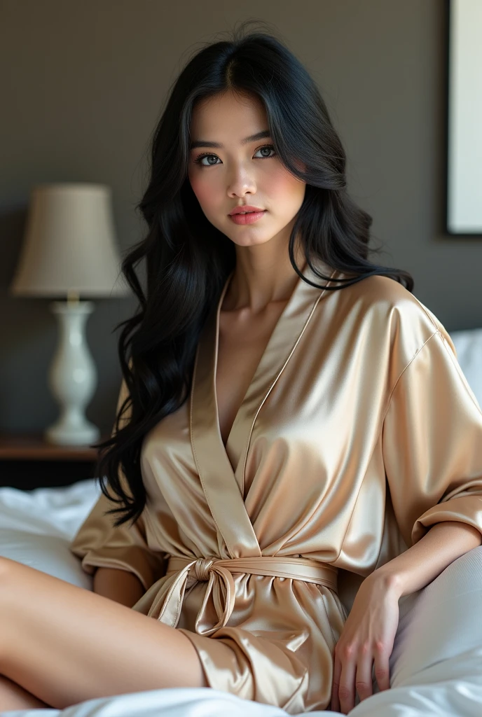Create an Asian beauty，Wearing a white lace satin bathrobe，Proud and plump figure，Scratching the scalp with both hands，There is a lot of dandruff on the top of the head，The expression is hideous，The characters are realistic and realistic，Bathroom Background，9:16 frames，Ultra-high-definition picture quality
