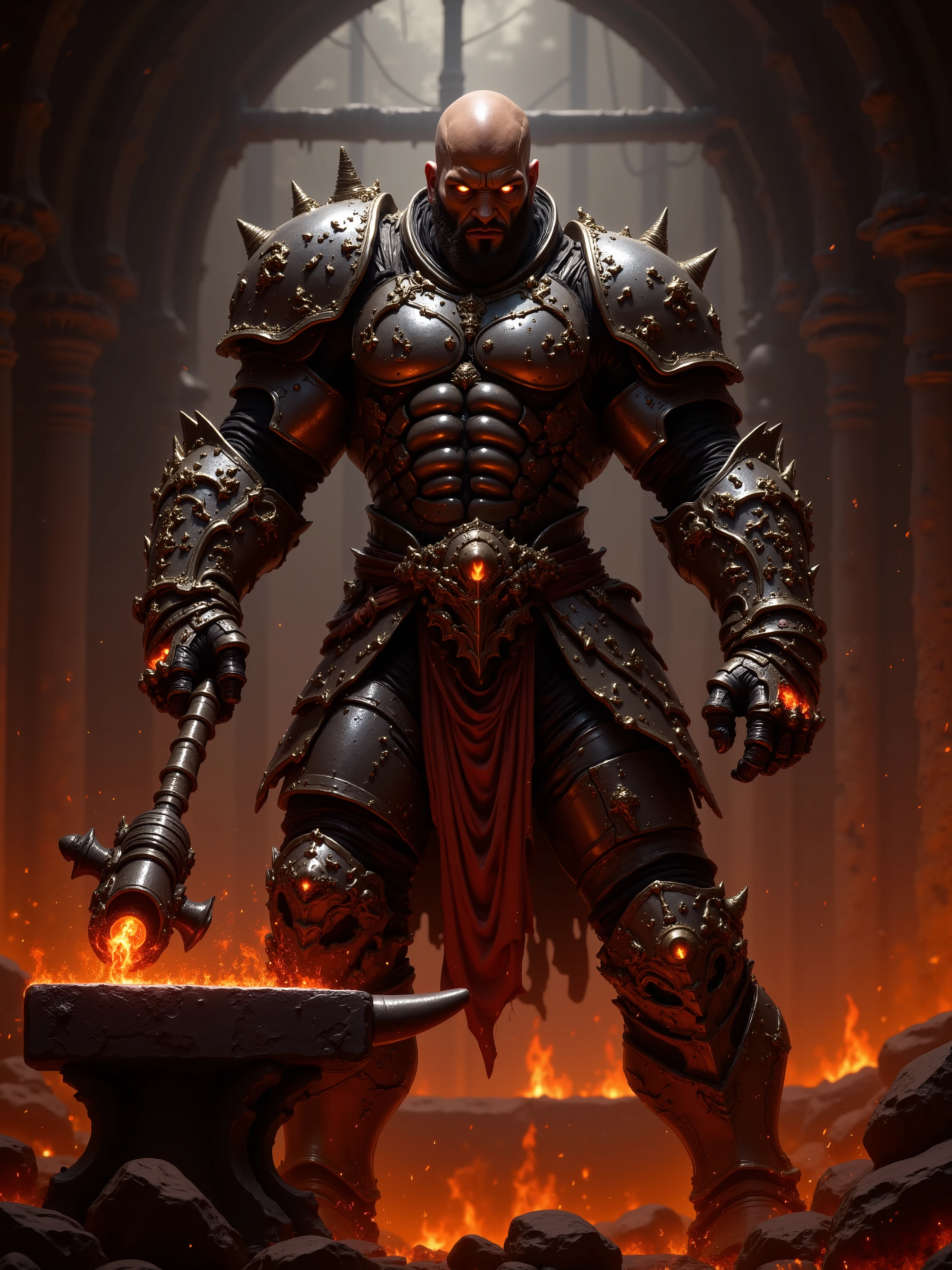 Heavily Muscled Cybernetic Man, Bald, Clean Shaven, Dark Skin, Glowing Orange Eyes, Arms Made of Liquid Metal, Wearing Flame Scarred Molten Armor, Flame Scarred Molten Gauntlets Aflame, Hammering a piece of metal on an Anvil, Standing at a Blacksmith's Forge, Forge Fires light the scene