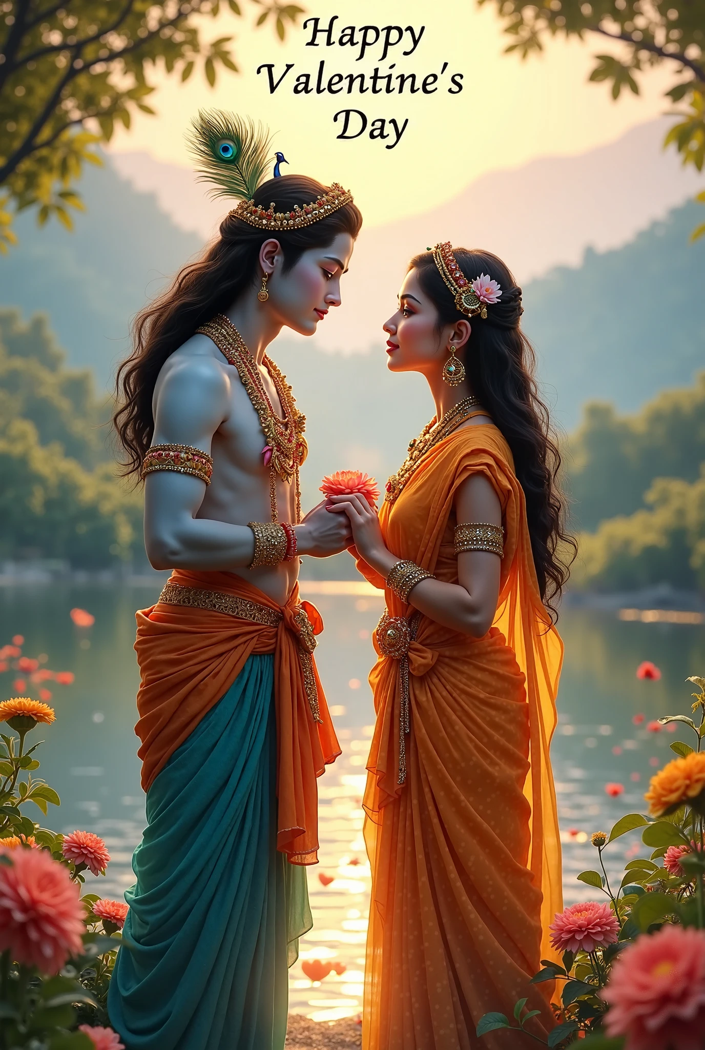 Radha Krishan, create high quality realistic image, Landscape of a forest, bight sky, vibrant colors, looking with smile, environment is background is of garden, image should ultra clear, hyper realistic, high quality 4k