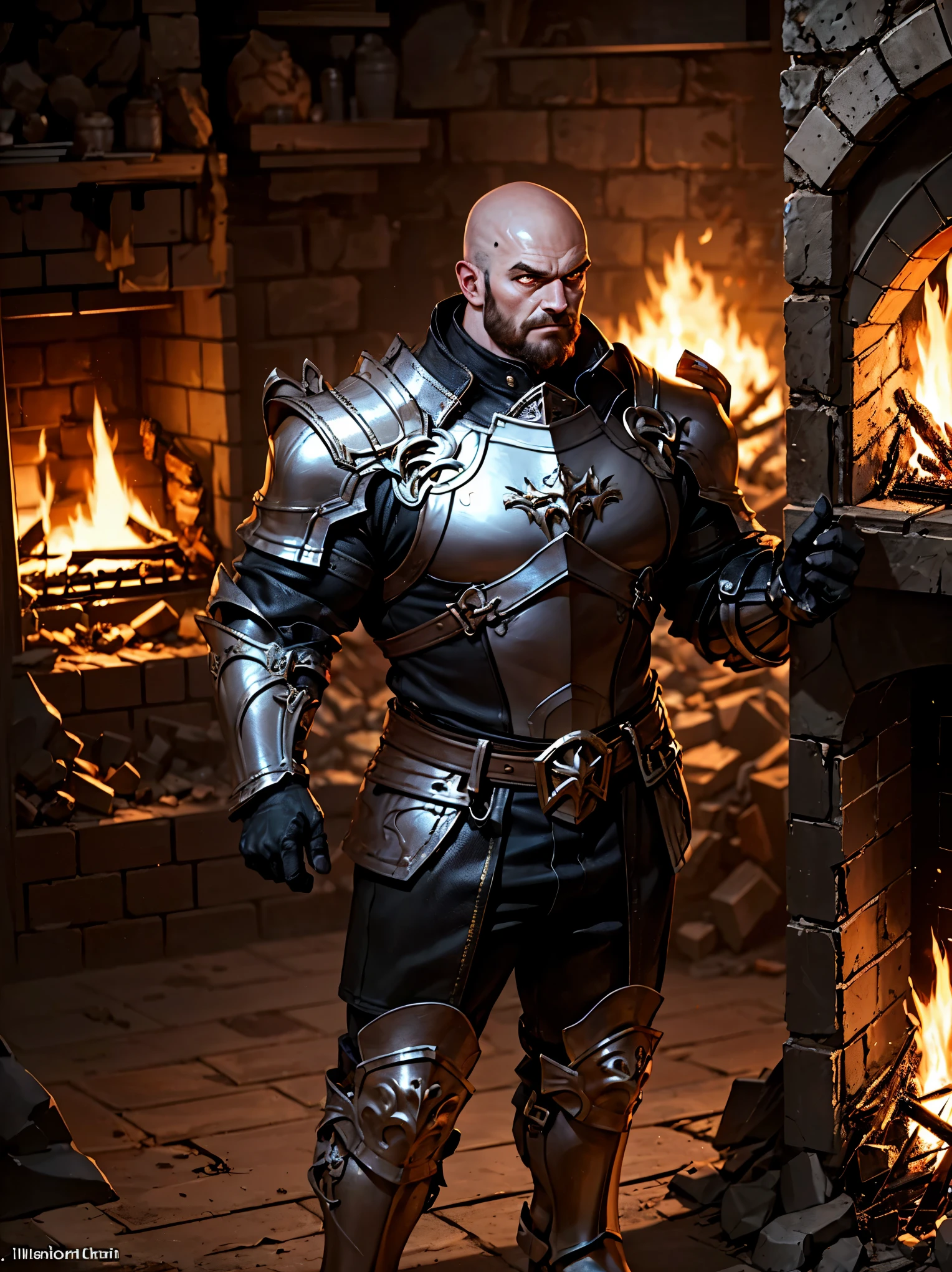 Heavily Muscled Man, Bald, Glowing Orange Eyes, Wearing Flame Scarred Armor, Standing in a Blacksmith's Forge, Forge Fires light the scene