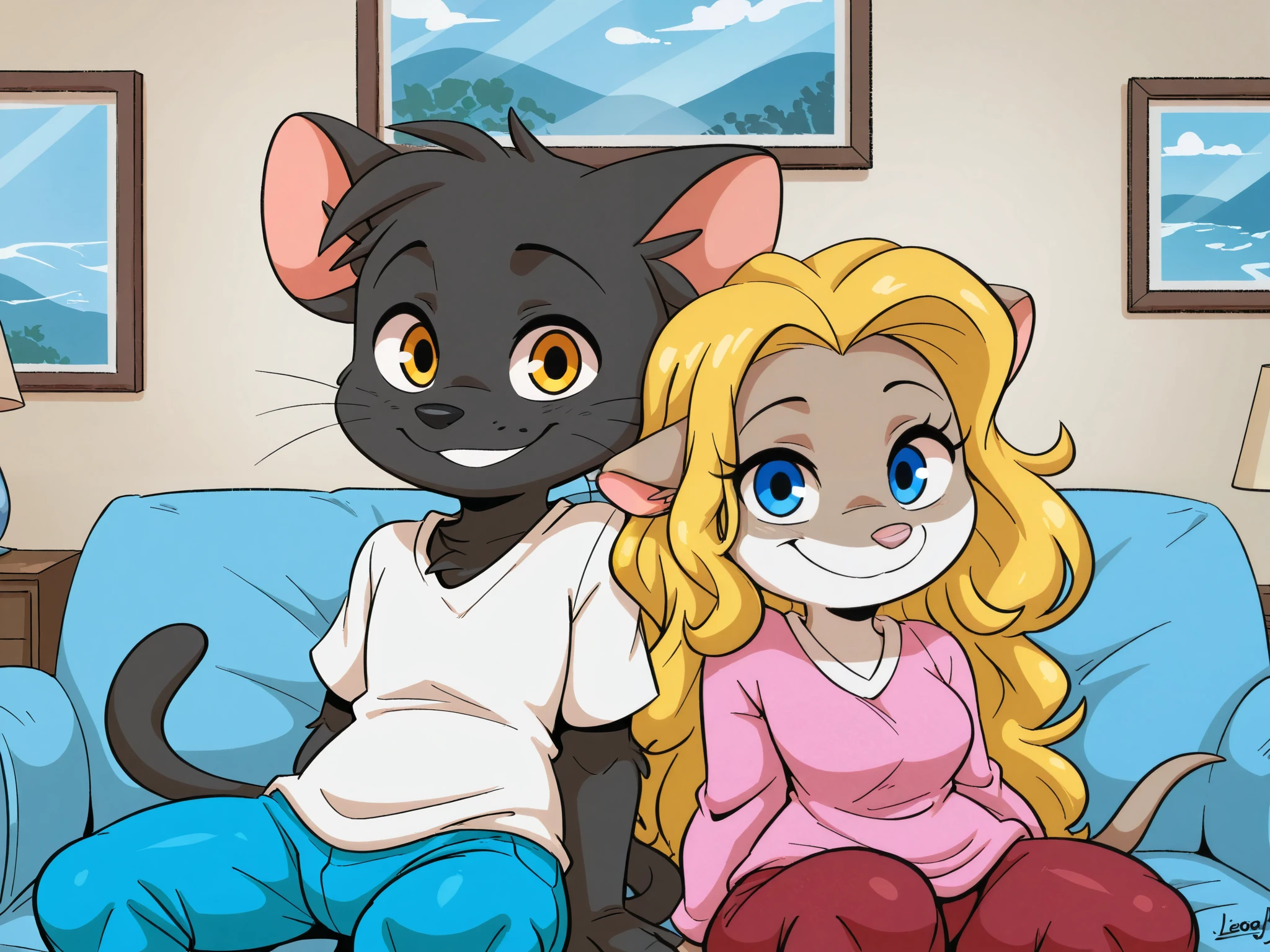 masterpiece, best quality, amazing quality, very aesthetic, high resolution, ultra-detailed, absurdres, newest, joaoppereiraus BREAK 1girl, colette, anthro, furry female, mouse ears, mouse tail, mouse girl, blue eyes, small black nose, pink shirt, red pants BREAK 1boy, furry male, k3k, (domestic cat, black fur, body fur, pink nose, yellow eyes), cat boy, white shirt, blue pants BREAK side-by-side, sitting, couple, happy, smile, looking at viewer, indoors living room