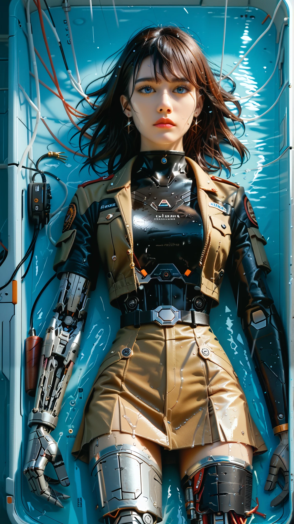(((masterpiece))), (realism, realism texture, (science fiction, distant future), (top Quality, High Quality, top resolution, high resolution, (ultra detailed, high detailed))), (beautiful army soldier robot girl:1.3), she is incredible machine, (beautiful face), (thin lips, wide mouth), blue lighting eyes, straight hair, machine frame, skirt, (steel knee-high greaves, (mechanical hands)), robot joint, (robot neck joint:1.2), (machine parts, electronic component, complete parts, wiring:1.3), (broken belly), (severed leg:1.5), Expressionless face, (cowboy shot:1.5), she that is wet and spark-circuited, rainy battefield, (closed mouth), (lying, from above)