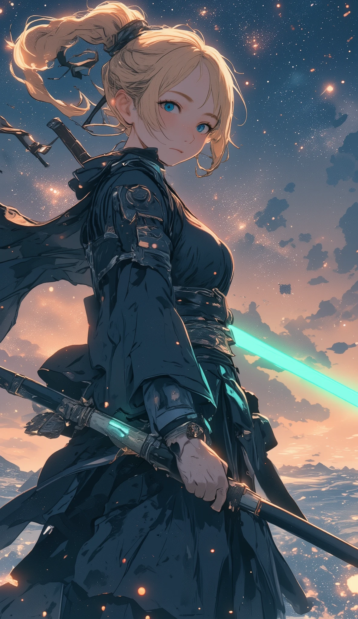 Space Samurai , Jedi Samurai ,   Star Wars  ,  Japanese Sword,   very pretty woman,   cute face,   French Braid, ブロンド, 
