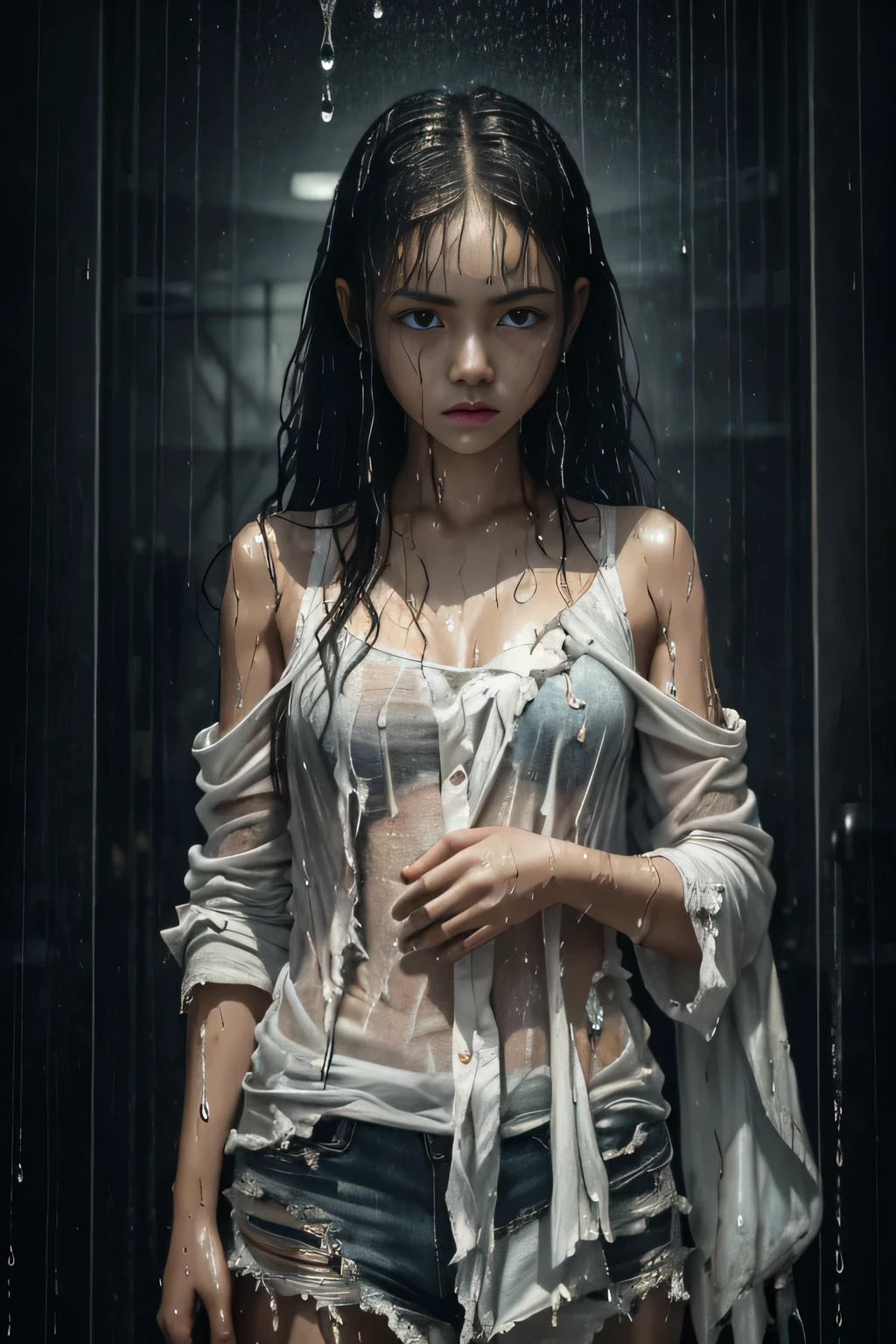 (Best picture quality: 1.5), Masterpiece, Ultra high resolution (fidelity: 1.4), Photo, 1 girl, (Sadness: 1.2), White shirt, Dim, Dark, Desperate, Pitying, Pitiful, Cinematic, Tear, Teardrop, (Torn clothes: 1.7), (Wet clothes: 1.7), Bare shoulders, Real rain, Wet grey hair.
The girl in the image is depicted in the highest picture quality, making it a true masterpiece. The ultra high resolution brings out every detail making it particularly fidelity. It's a single photo of a sad