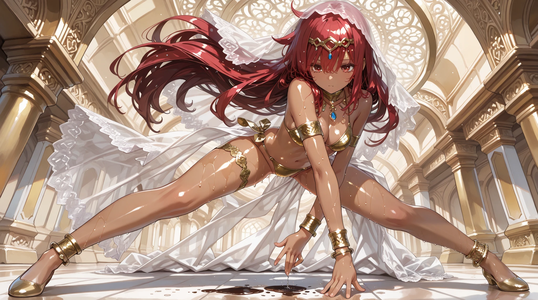 ((masterpiece, best quality:1.3, extremely detailed:1.3, absurdres, very aesthetic)), ((disheveled hair)), (illustration:1.3), (delicate:1.3), (maximalism:1.3), (Intricate:1.7), 1 woman, dancer:1.3, dancing:1.3, (eyes (ruby) eyes), Highly detailed brown skin, Suchwet, shiny, oil, Suchwet skin, beautiful jewelry:1.3, ((Circlet, Bracelet, Anklet)), gold scale bikini:1.3, BREAK, BREAK, ((see-through)) veil, exotic:1.3, full body:1.3, from below:1.1, dynamic action:1.5, dynamic angle:1.5
