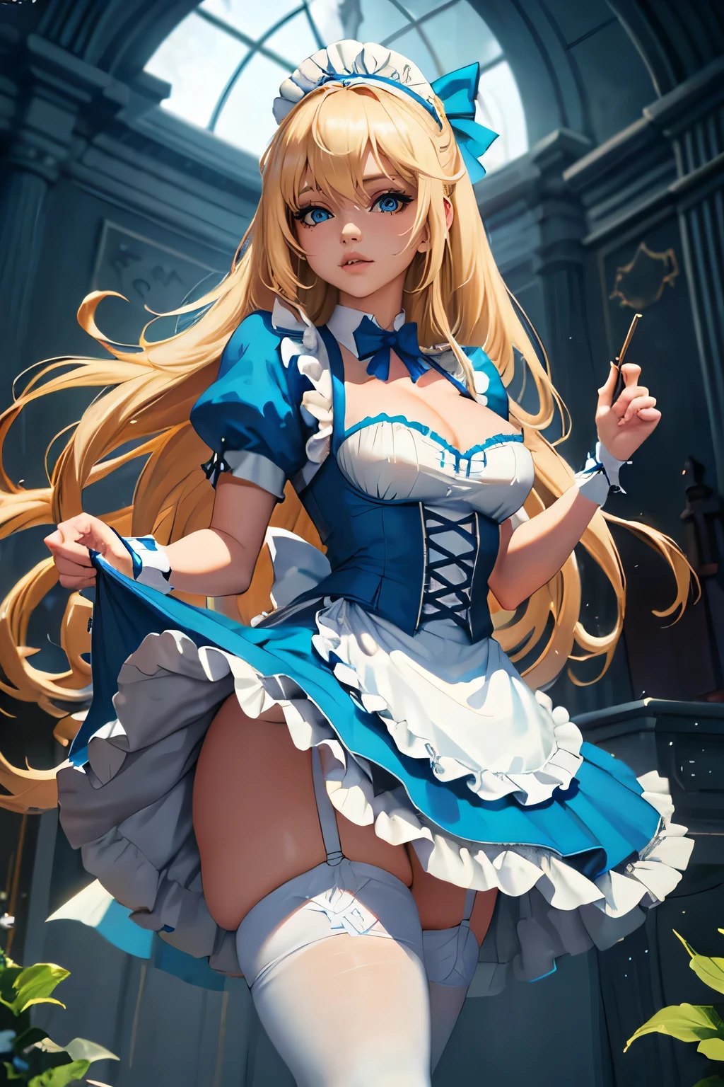 a sexy Alice in Wonderland with blonde hair with a bow in her hair, powder blue dress with red apron, white stockings, two hand take skirt, upskirt, red thong, perfect body, big breast, cleavage, dynamic, ultra high def, 32k,