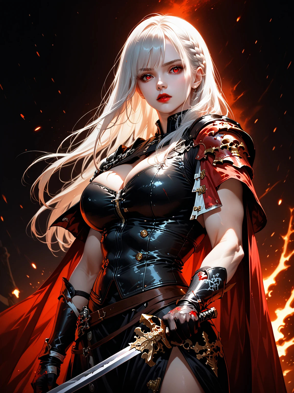 (extremely detailed CG unity 8k wallpaper, masterpiece, best quality, ultra-detailed), (best illumination, best shadow, an extremely delicate and beautiful), cosplaying as magik, (dynamic angle, (1girl), gorgeous, black leather outfit, red cloak, fighting staff, blue glowing eyes, fiery energy, intense expression), dark and ominous background, glowing portal, volumetric light:0.8.