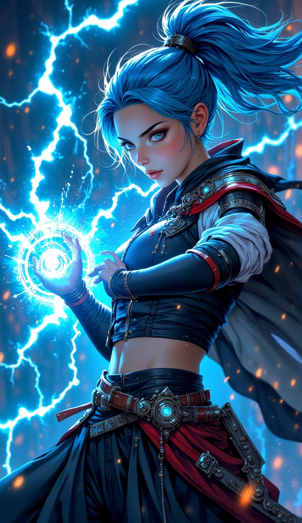 High resolution, details, white woman, bleu hair, Ponytail, heroic look, young eyes,  mage suit, using magic, surrounded by bleu lightning , black particle, Pupils Symbol,