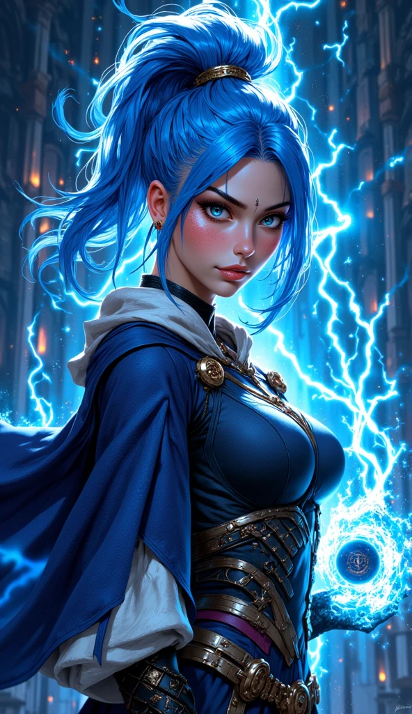 Photo-realistic portrayal of a 1:1 female character, with an arrogant expression; she has blue hair with static lightning, photorealistic blue glowing eyes, and is dressed in black. She possesses elemental electricity powers.)