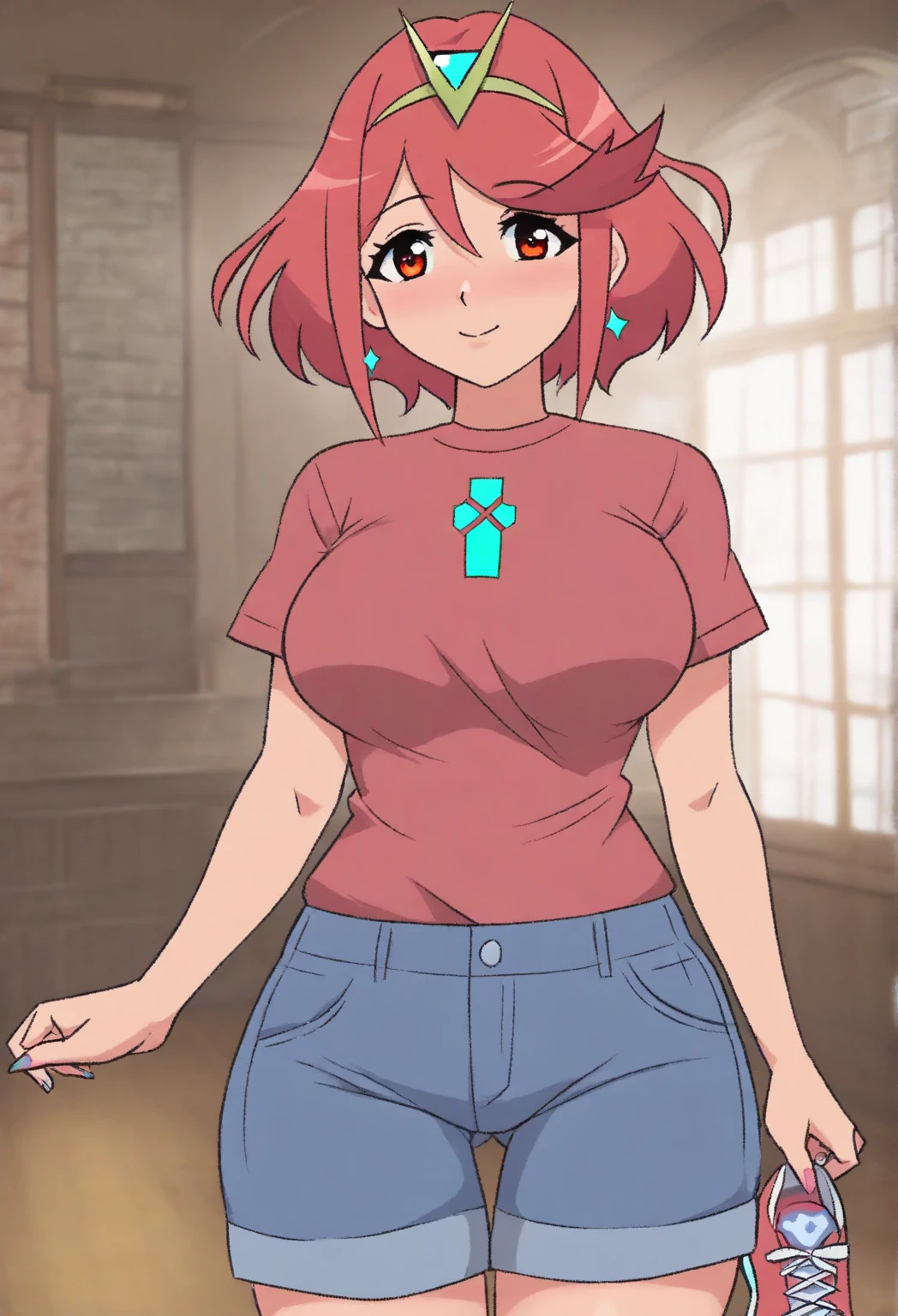 masterpiece, highest quality, High resolution, Dragon Ball, Brumid, aqua hair, medium hair, dull bangs, red hair band, medium breasts, shirt, skirt, cowboy shot, indoors, Are standing,