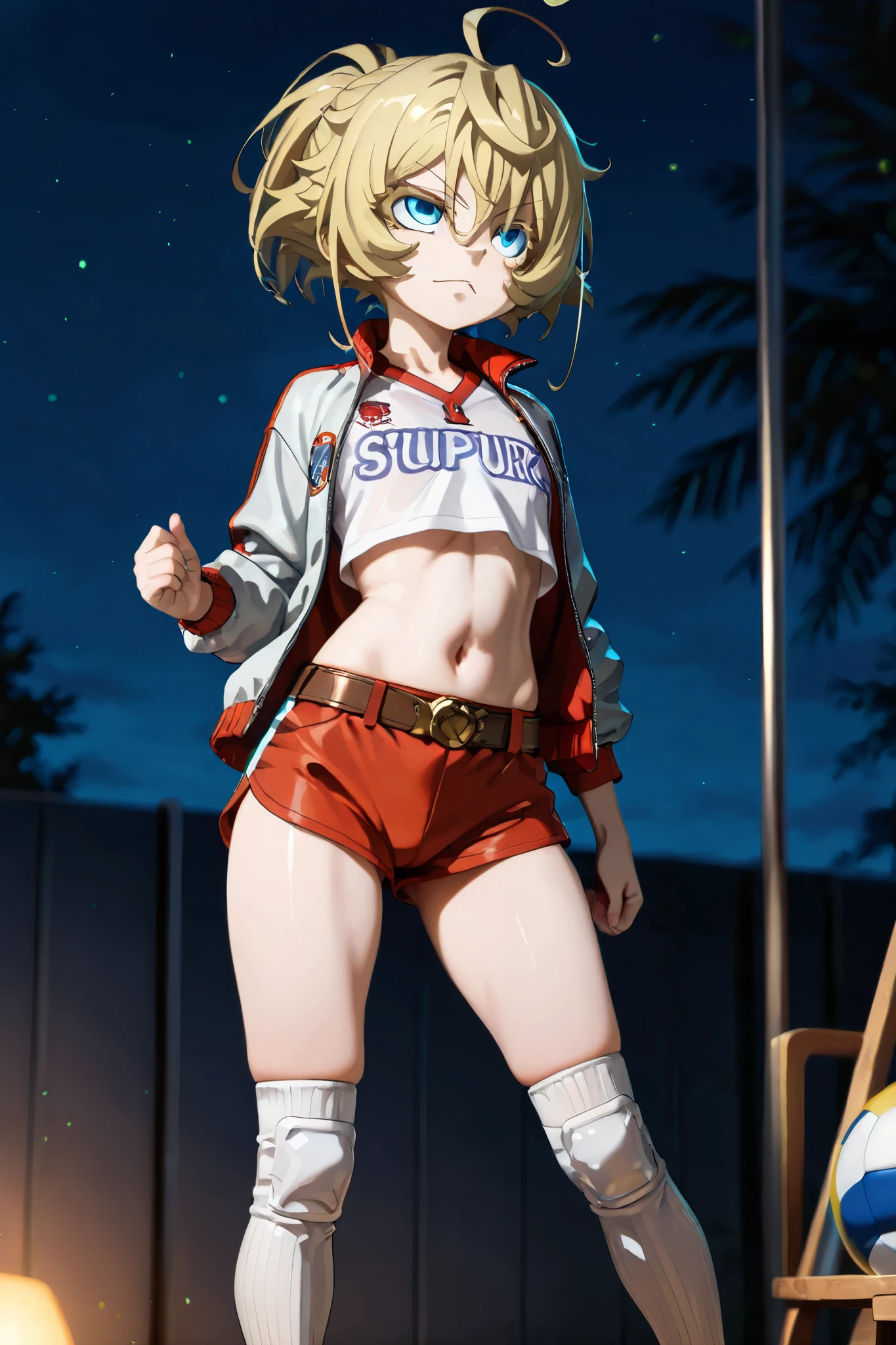 NSFW, Masterpiece, top quality, Hi-Res, very detailed, Tanya DeGrechaff\(Young Women's Volleyball\), short hair、 blue eyes、 blond hair、 、 side lock、stupid hair、 ponytail、ショート ponytail, jacket, crop top shirt , shorts ,belt, knee-high socks, night entertainment district