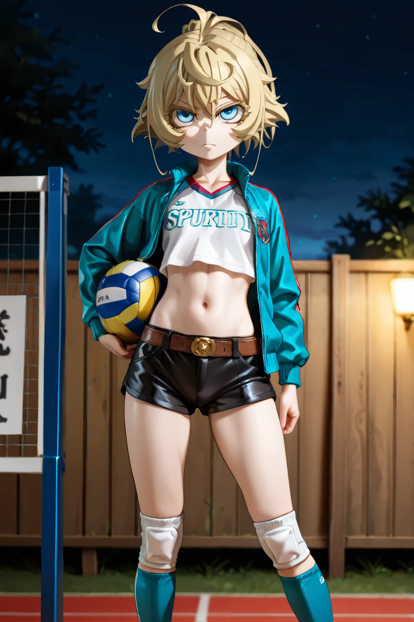NSFW, Masterpiece, top quality, Hi-Res, very detailed, Tanya DeGrechaff\(Young Women's Volleyball\), short hair、 blue eyes、 blond hair、 、 side lock、stupid hair、 ponytail、ショート ponytail, jacket, crop top shirt , shorts ,belt, knee-high socks, night entertainment district