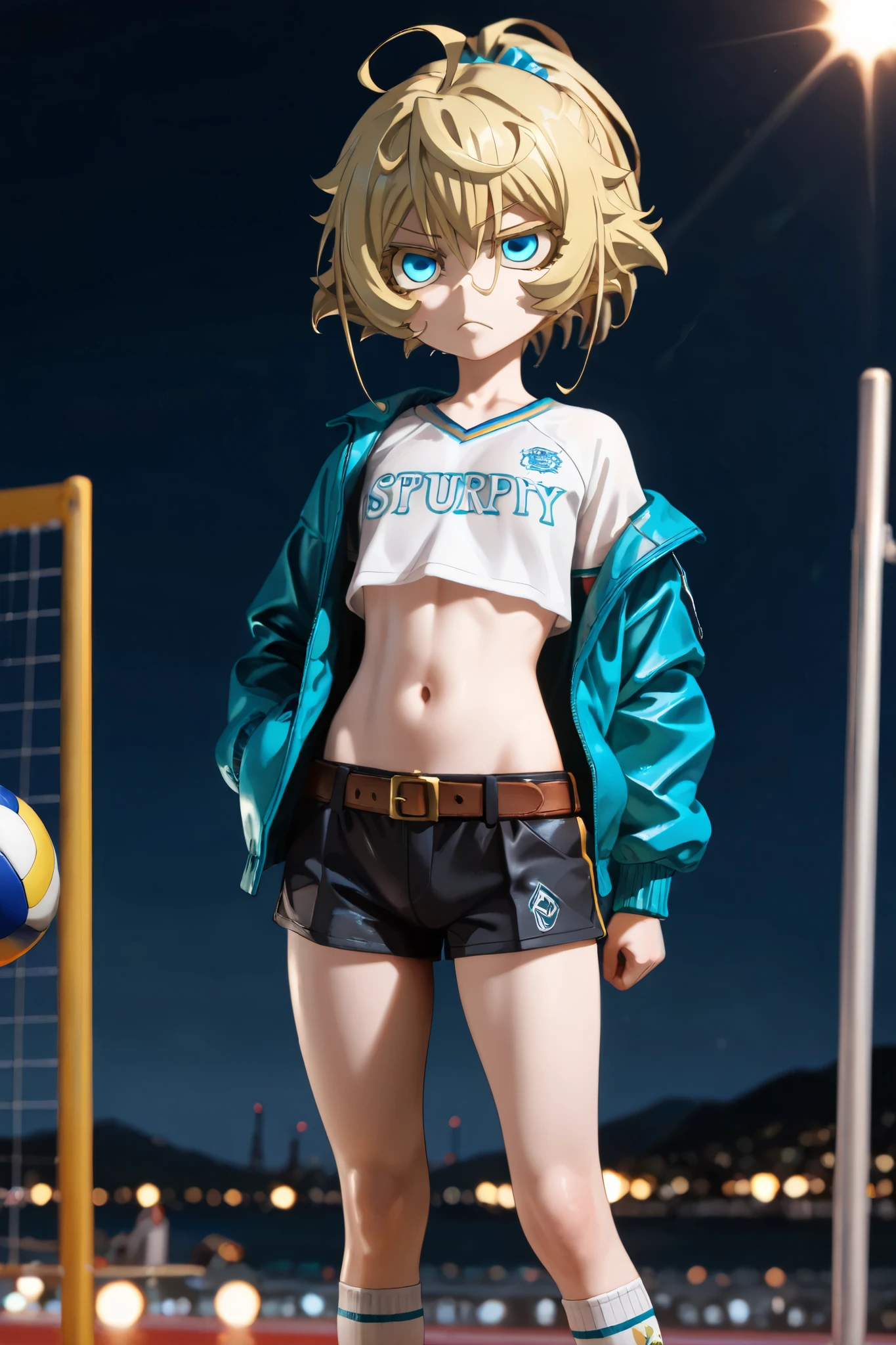 NSFW, Masterpiece, top quality, Hi-Res, very detailed, Tanya DeGrechaff\(Young Women's Volleyball\), short hair、 blue eyes、 blond hair、 、 side lock、stupid hair、 ponytail、ショート ponytail, jacket, crop top shirt , shorts ,belt, knee-high socks, night entertainment district