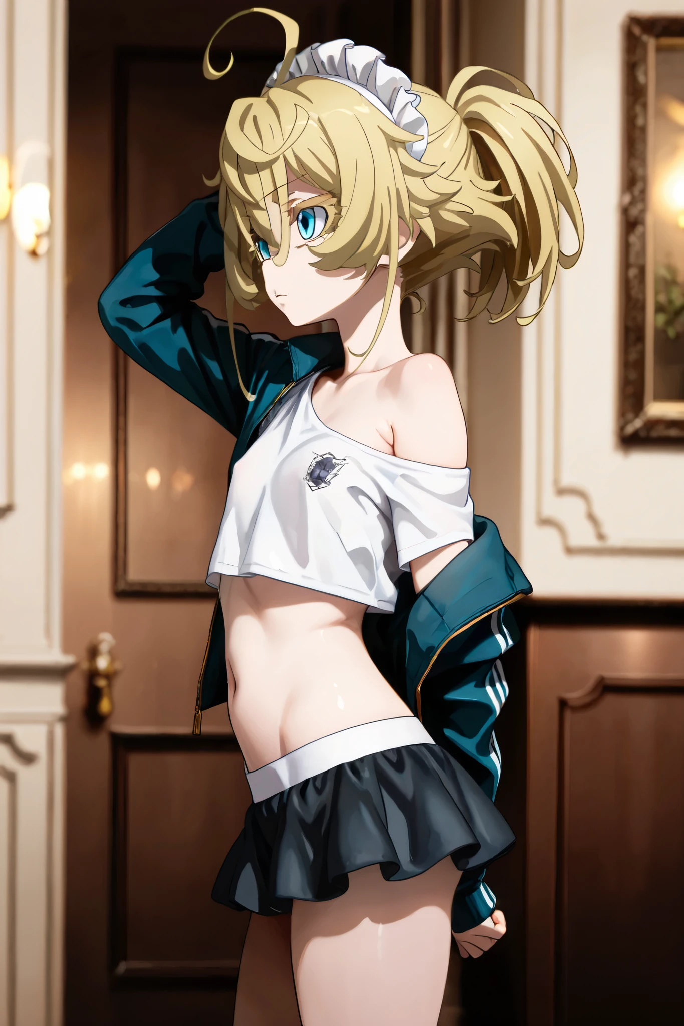 NSFW, Masterpiece, top quality, Hi-Res, very detailed, Tanya DeGrechaff\(Young Women's Volleyball\), short hair、 blue eyes、 blond hair、 、 side lock、stupid hair、 ponytail、ショート ponytail, maid clothes, crop top, off the shoulder on the head, miniskirt, luxury mansion,Office