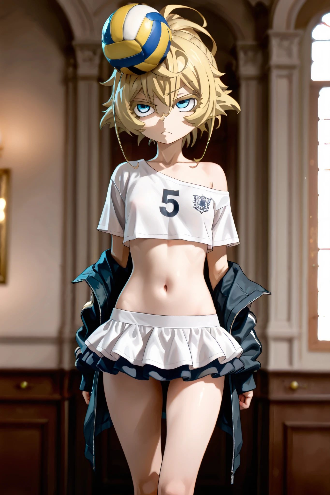 NSFW, Masterpiece, top quality, Hi-Res, very detailed, Tanya DeGrechaff\(Young Women's Volleyball\), short hair、 blue eyes、 blond hair、 、 side lock、stupid hair、 ponytail、ショート ponytail, maid clothes, crop top, off the shoulder on the head, miniskirt, luxury mansion,Office