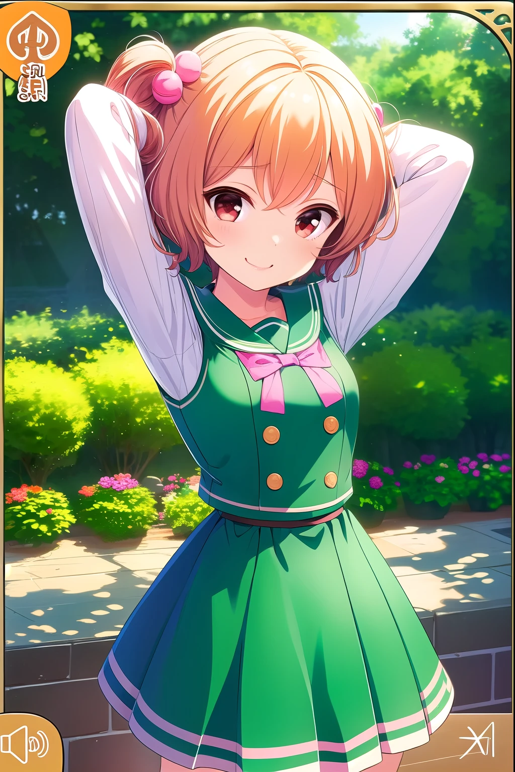 ( masterpiece, top quality), 非常に詳細なbackground, perfect lighting, top quality,{Tomura Michiru, one girl、(), ( beheading ),(Short limbs)、((arms behind head:1.4)), ( is standing:1.3), Red Eyes、( laugh:1.3), { short hair、( twin tails)、(pink bobble ), ( Orange Hair)}, {Nursery school uniform 、(Very small bust:1.4)}}, {background (garden),}