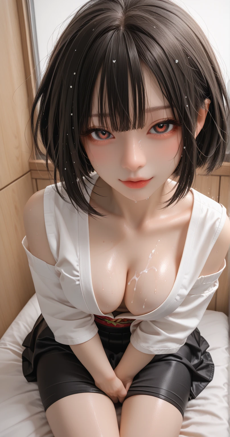 masterpiece, top-quality, 1girl in,Kujuku8 Bridge, Brown-haired shorthair(I wear a headband)、Brown-eyed、A slender、A sexy、Bedroom background、Beautiful breasts、H Cup Breast、fullnude、Only the upper body is visible、red blush、Face during estrus、enchanting posture、I'm dripping with my mouth open、Beautiful breasts、a closeup