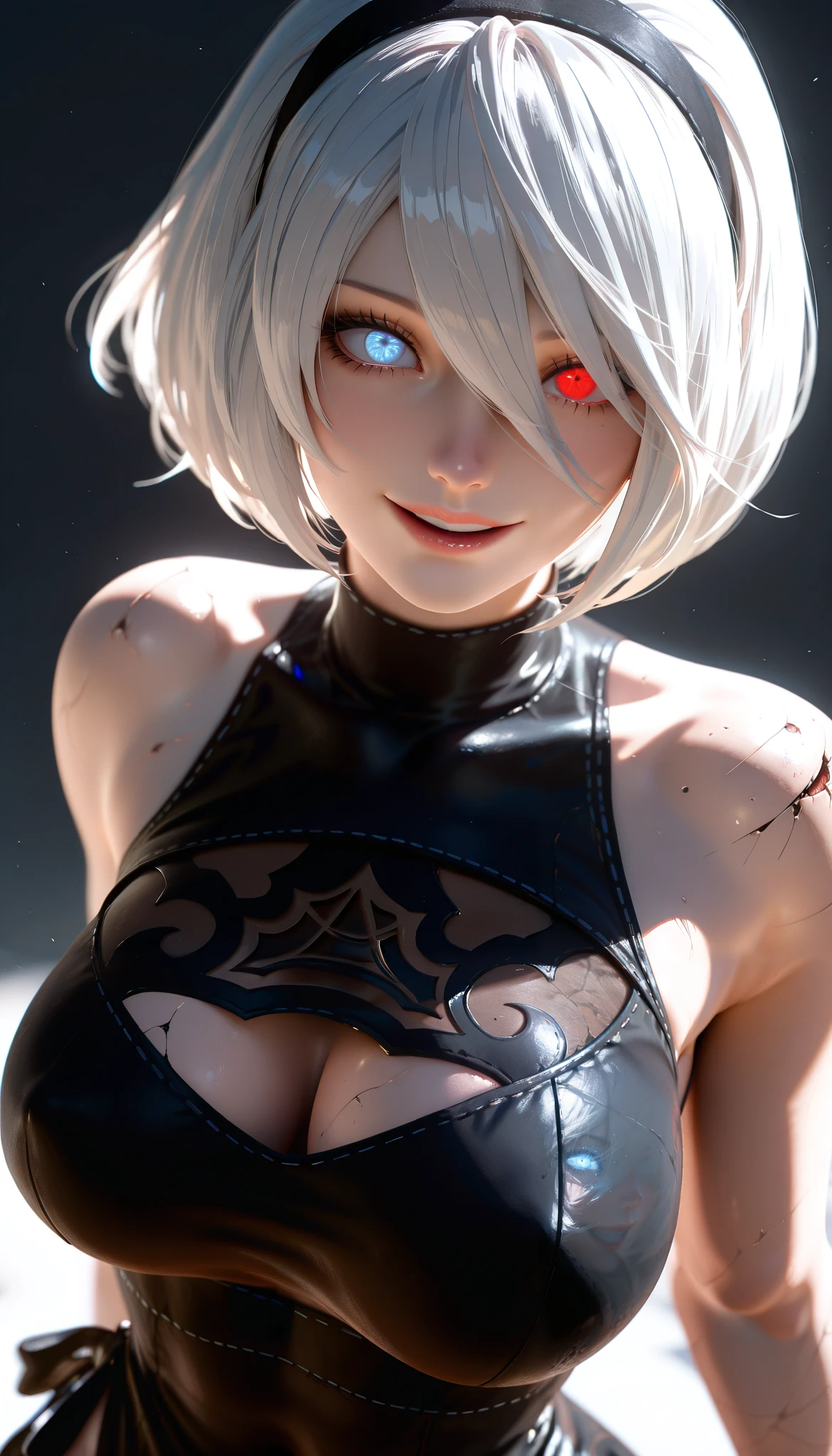 masterpiece, best quality, amazing quality, 1girl, 2B, NieR:Automata, blue eyes, white hair, short hair, black dress, beautiful legs, white legs,crazy smile, close up shot, simple background, medium size boobs , cute face, sexy pose, realistic light, realistic shadow, high quality detail, high quality skin detail, high quality face detail, 3D, 3DCG, realistic hair, Sleeveless top, side-open skirt, upper body, mature look, mature face, sexy mature, Red eyes, glowing eyes, glowing eyes good red, crazy mode, weird smile, scary smile, Body damaged, robot body damaged, some parts of the body are robots, Both eyes are red, no pupils