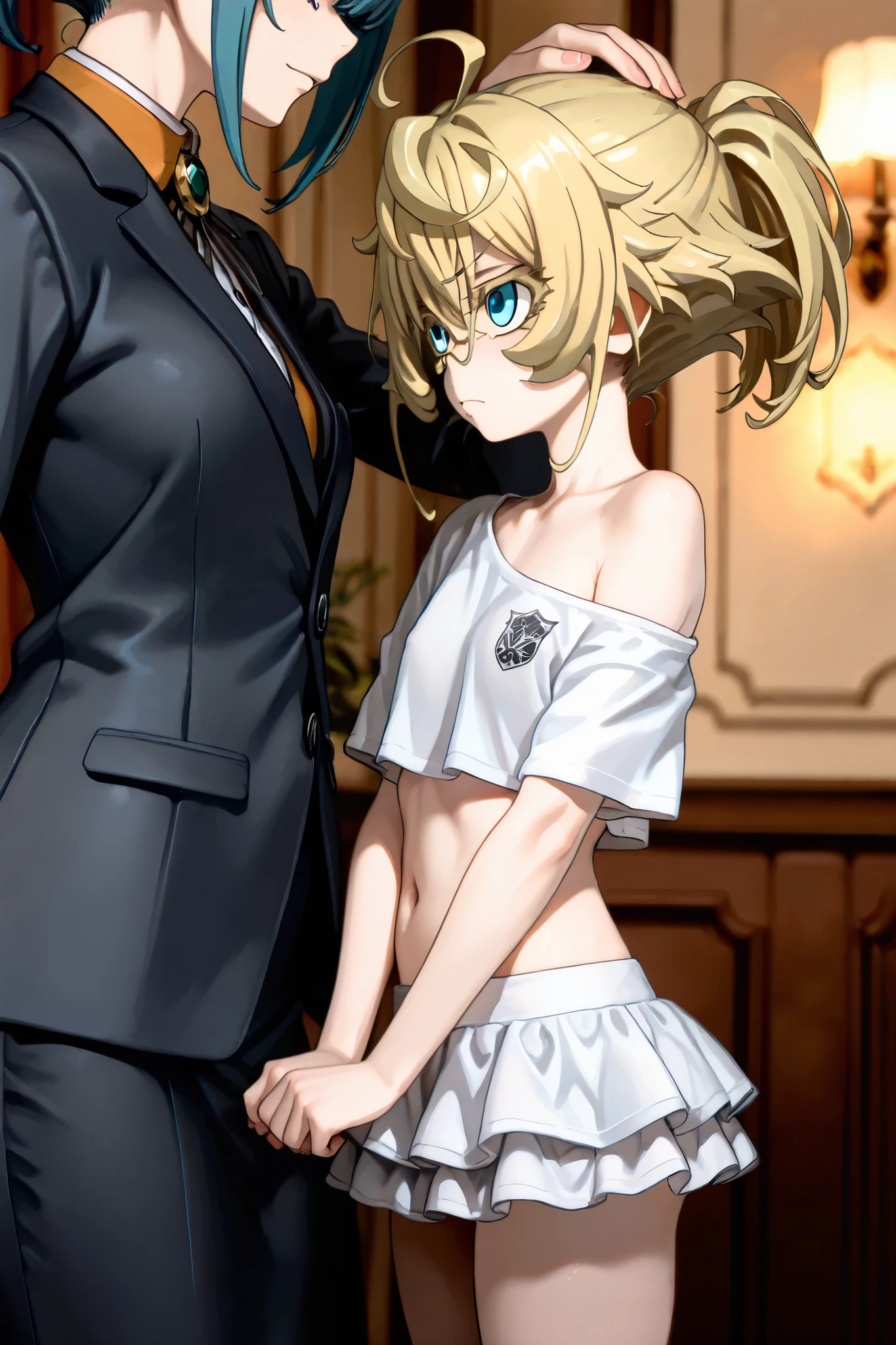 NSFW, Masterpiece, top quality, Hi-Res, very detailed, Tanya DeGrechaff\(Young Women's Volleyball\), short hair、 blue eyes、 blond hair、 、 side lock、stupid hair、 ponytail、ショート ponytail, maid clothes, crop top, off the shoulder on the head, miniskirt, luxury mansion,Office