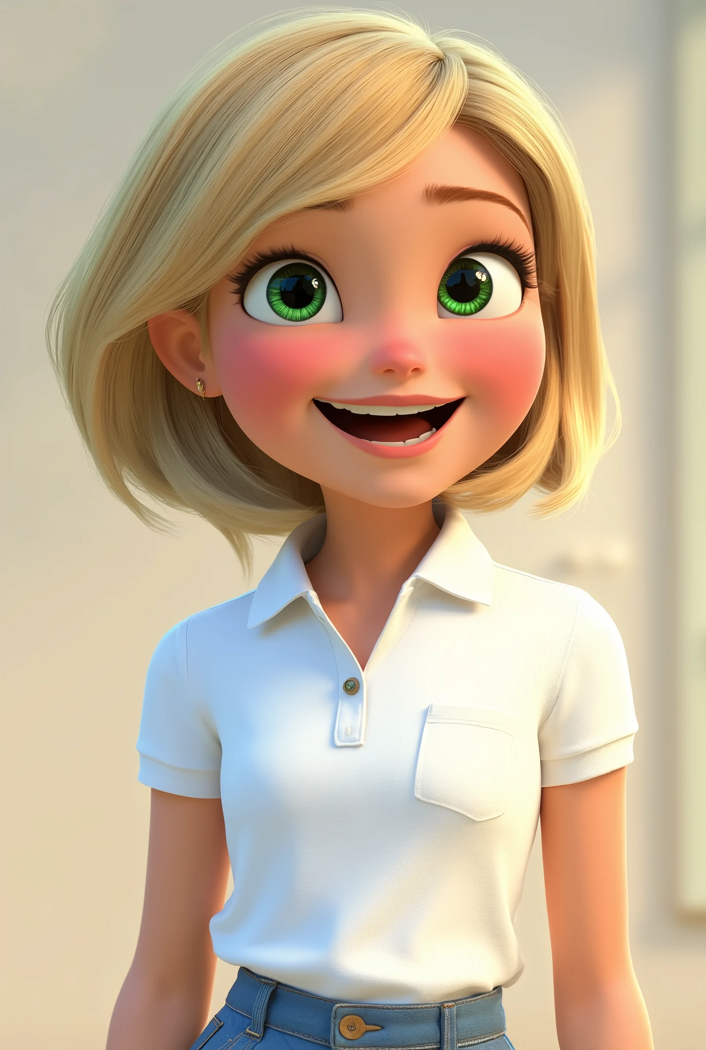 A girl of about 18 years old, blonde hair with a bob haircut, greenish brown eyes, dressed in a white GOLO POLO with pocket without details on the chest, expressing happiness, pixar style image reaching from the waist up