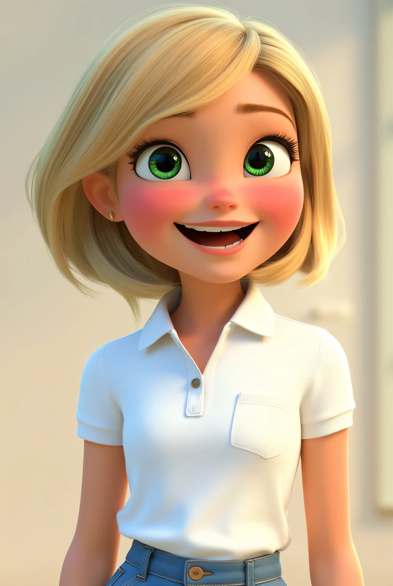 A girl of about 18 years old, blonde hair with a bob haircut, greenish brown eyes, dressed in a white GOLO POLO with pocket without details on the chest, expressing happiness, pixar style image reaching from the waist up