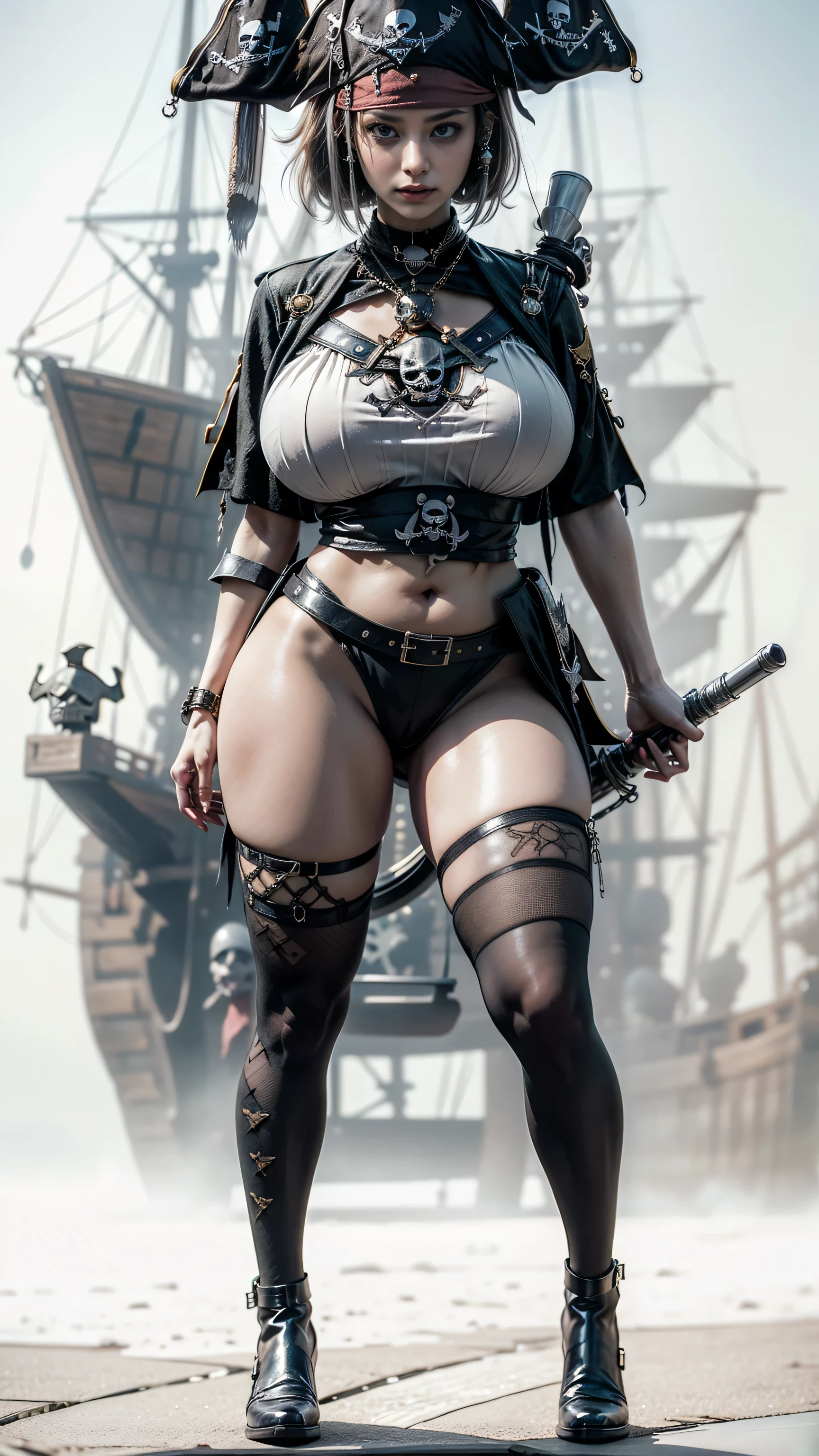 hot pirate middle age woman, in a pirate ship, curvy body, posing a sexy picture, fat woman, holding a sword
