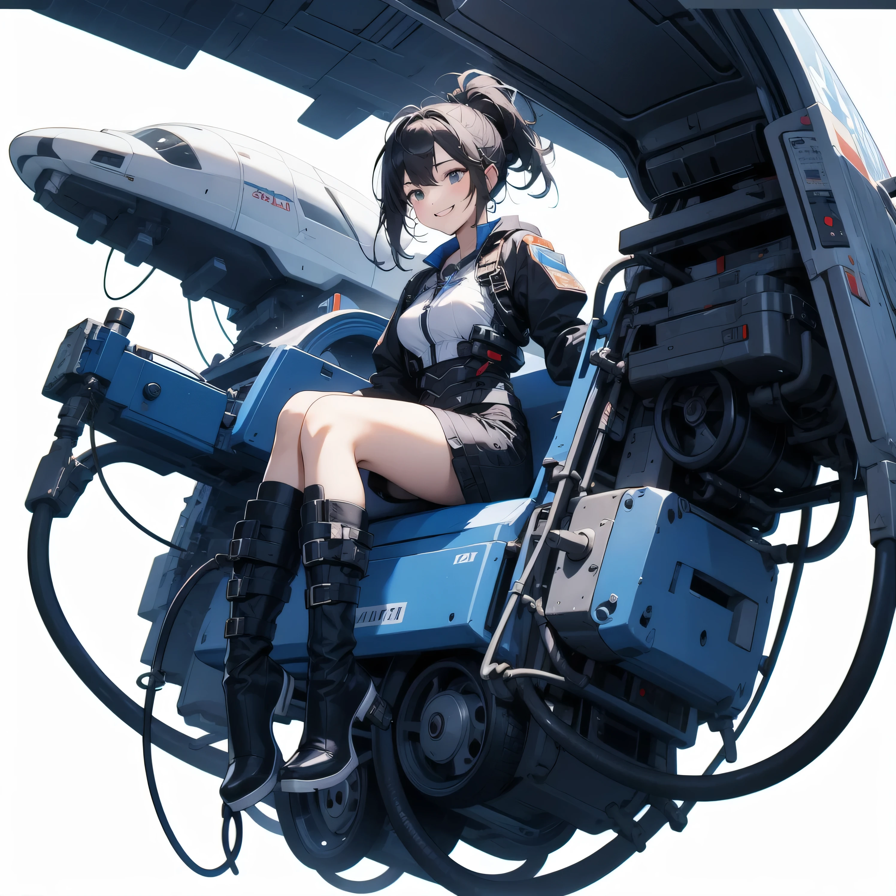 1 cabin attendant, solo, , white high heels, white transparent skinny shirt, white mini skirt, master piece, best quality, Realistic, super detailed, (shiny skin, sweaty:1.4), absurd, looking at the viewer, with short black hair, with brown eyes,thin,dynamic light and shadow,High resolution,sharp focus,Depth of the bounds written,eyes are delicate,sharp pupils,Realisticな生徒,(round chest),(long legs:1.4),plane,squatting pose,black pantyhose,cleanliness,KK,black stockings,cropped shoulder,toes,