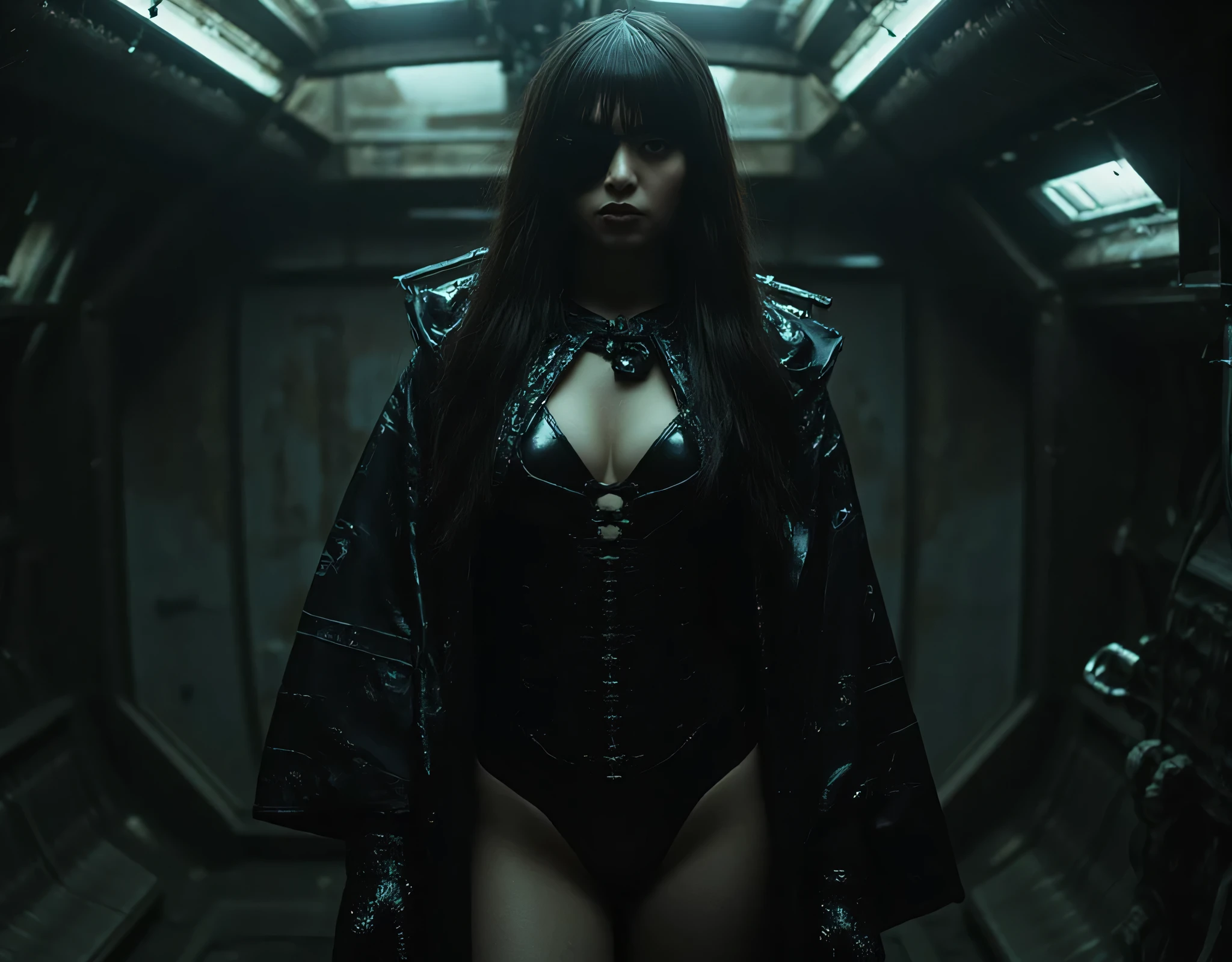 ((Slim model body type:2.0)),(((The dark interior of the Nostromo ship :2.0))),((( HR Gigger Style Cyberpunk Atmosphere :2.0))),(((Hold a cyberpunk-style Japanese sword:2.0))), Standing,((Down to the toes:2.0)), one woman,( cute face),(Beautiful well-balanced face ),(( natural big breasted :2.0)),( black hair:1.5),( beautiful eyes:1.3), glamorous shot of a 20 year old Japanese woman , Slender Beautiful Body ,(( model body type:2.0)),(( slim body with hot water:1.7)), perfect body line , ideal proportions ,(( big breasts:2.0)),((F cup breasts:1.5)),Big Breasts,Bare thighs, sensual thighs, delicate body,( Muscular:1.7),A harmonious posture,((Realistic breast depiction :1.7)), carefully depicting limbs based on perfect anatomy,((Wear a samurai kimono-style military coat with an open front over a black super high-leg leotard :1.5)),(( is a super high-leg leotard made of camy-style latex that fits the body:1.5)),(( Samurai armor-style military coat with an open front over a leotard:1.5)),((Black eyepatch:1.5)),(ear monitor:1.5),((Tactical Holster:1.5)),( gloves:1.3), concept art ,( top quality:1.5),( Masterpiece:1.5),(Super high resolution),resolution,UHD,( delicate depiction), carefully drawn with butterfly wings ,32K,(( realistic skin texture:1.5)),((( Super realistic :1.5))), eyelashes,Highly detailed faces,Highly detailed female hand,Sexy appearance,Very sensual,(Blurry Dim Backgrounds :1.5), professional photography,( Movie Lighting:2.0),(( Blade Runner Style Lights :2.0))