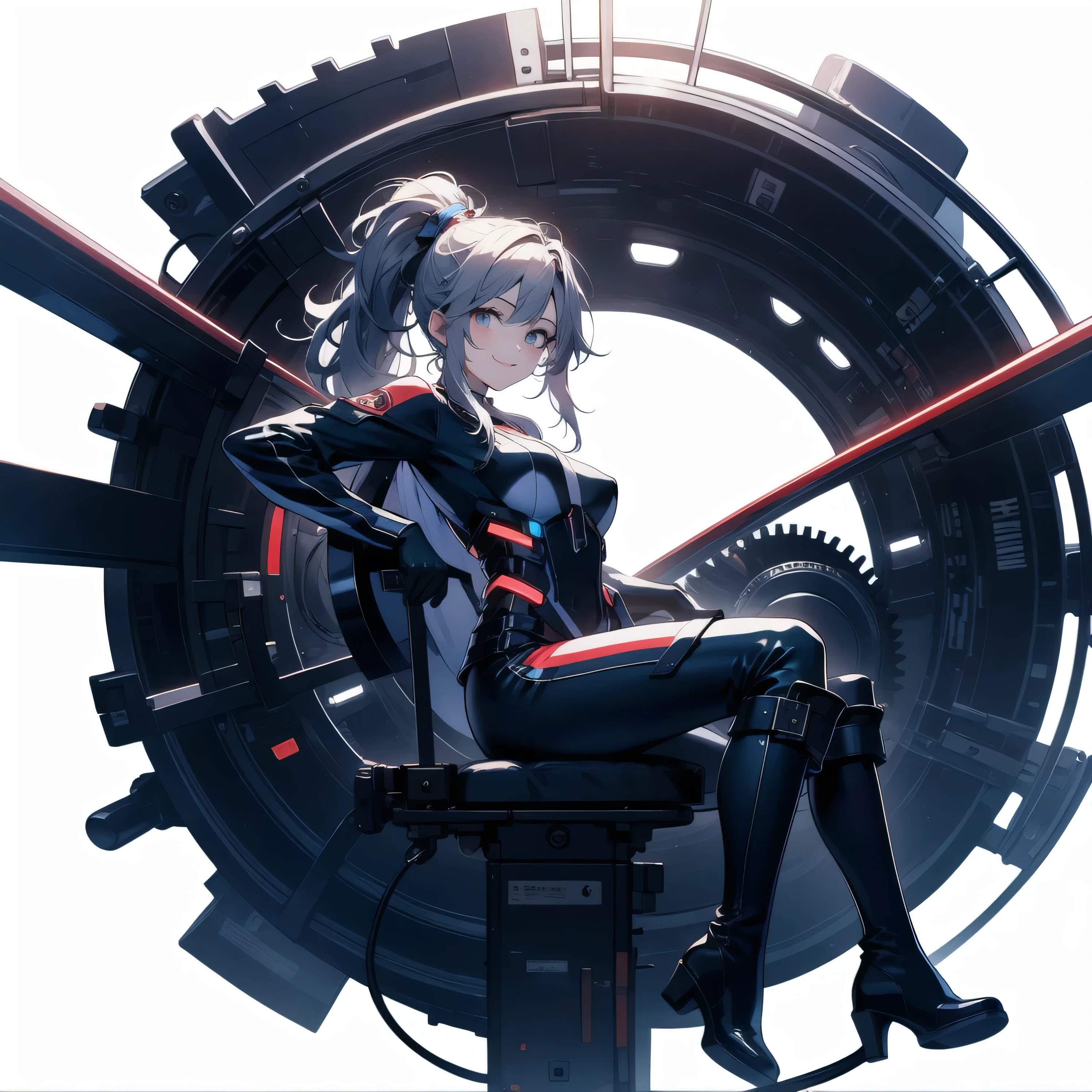 in the seat、 moderate bust、smile、 detailed expressions 、ruanyi0152 、( white background)、 ruanyi0238 、 blue glowing parts 、cable、Complex and precise instruments、Machinery Parts、 high knot ponytail、whole body、 top quality、 Masterpiece、 Hi-Res、 Dynamic Poses、 model stand、 Official Art、 Extremely elaborate CG Unity 8K Wallpaper 、Carrying a large flying unit、 long boots、Exoskeleton、 gloves up to the elbow