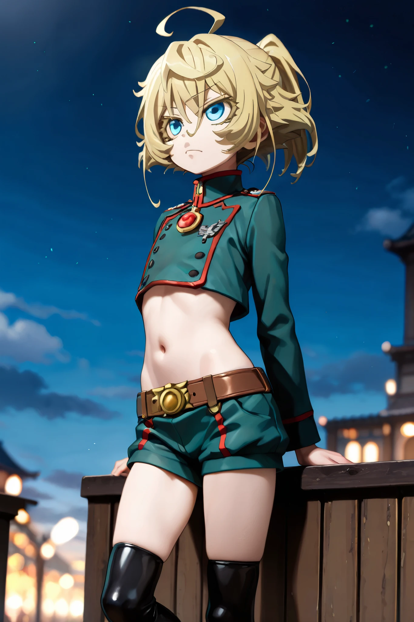 NSFW, Masterpiece, top quality, Hi-Res, very detailed, Tanya DeGrechaff, short hair、 blue eyes、 blond hair、 、 side lock、stupid hair、 ponytail、ショート ponytail, jacket, crop top shirt , shorts ,belt, knee-high socks, night entertainment district